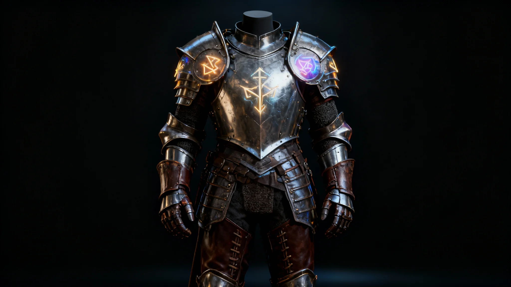 A photorealistic 3D render of a full suit of fantasy armor, showcasing a mix of shiny engraved metal and rugged leather textures in a dramatic studio setting.