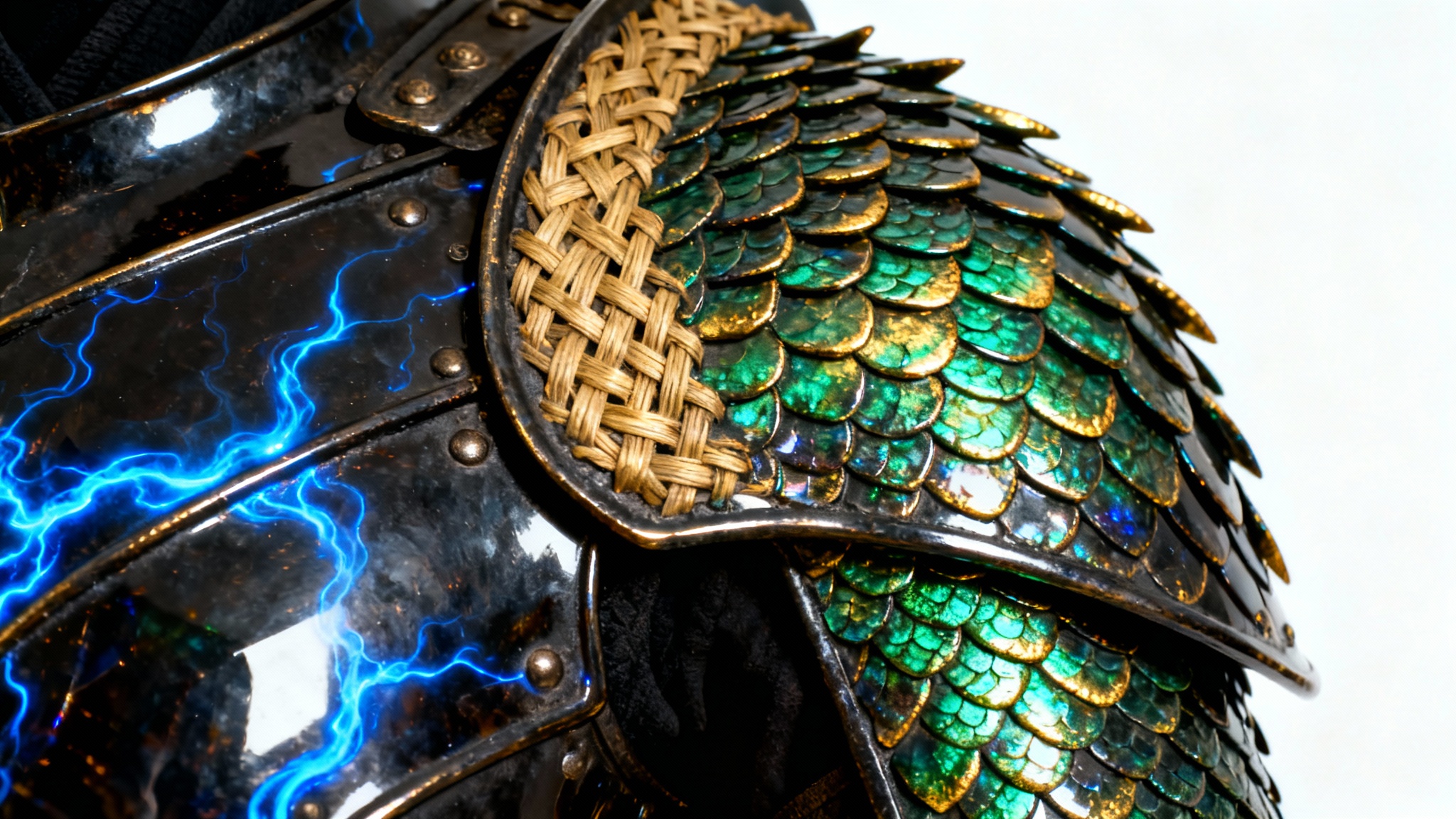 A photorealistic macro shot of a fantasy armor texture, featuring iridescent dragon scales overlapping a dark metallic plate with glowing blue veins, set against a white background.