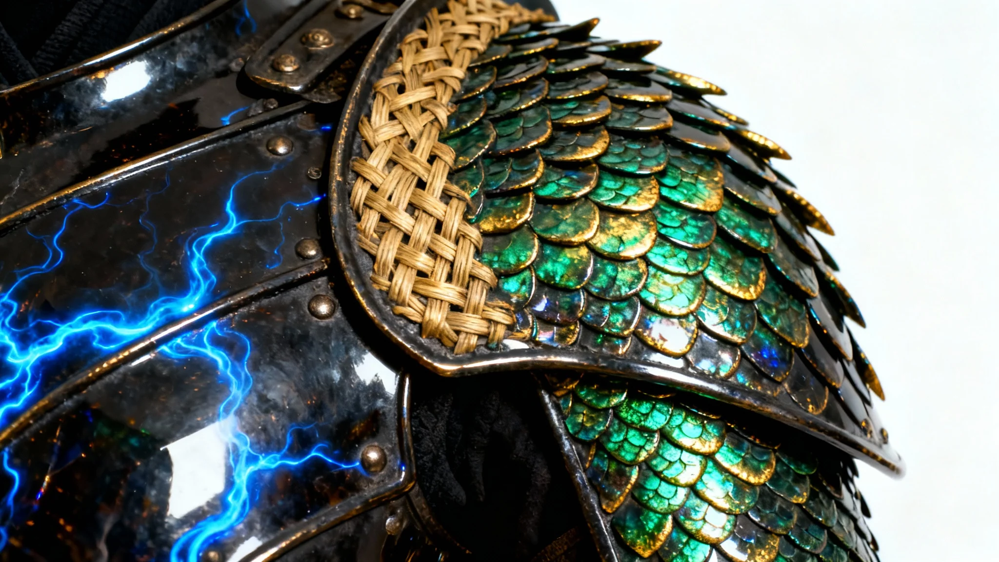 A photorealistic macro shot of a fantasy armor texture, featuring iridescent dragon scales overlapping a dark metallic plate with glowing blue veins, set against a white background.