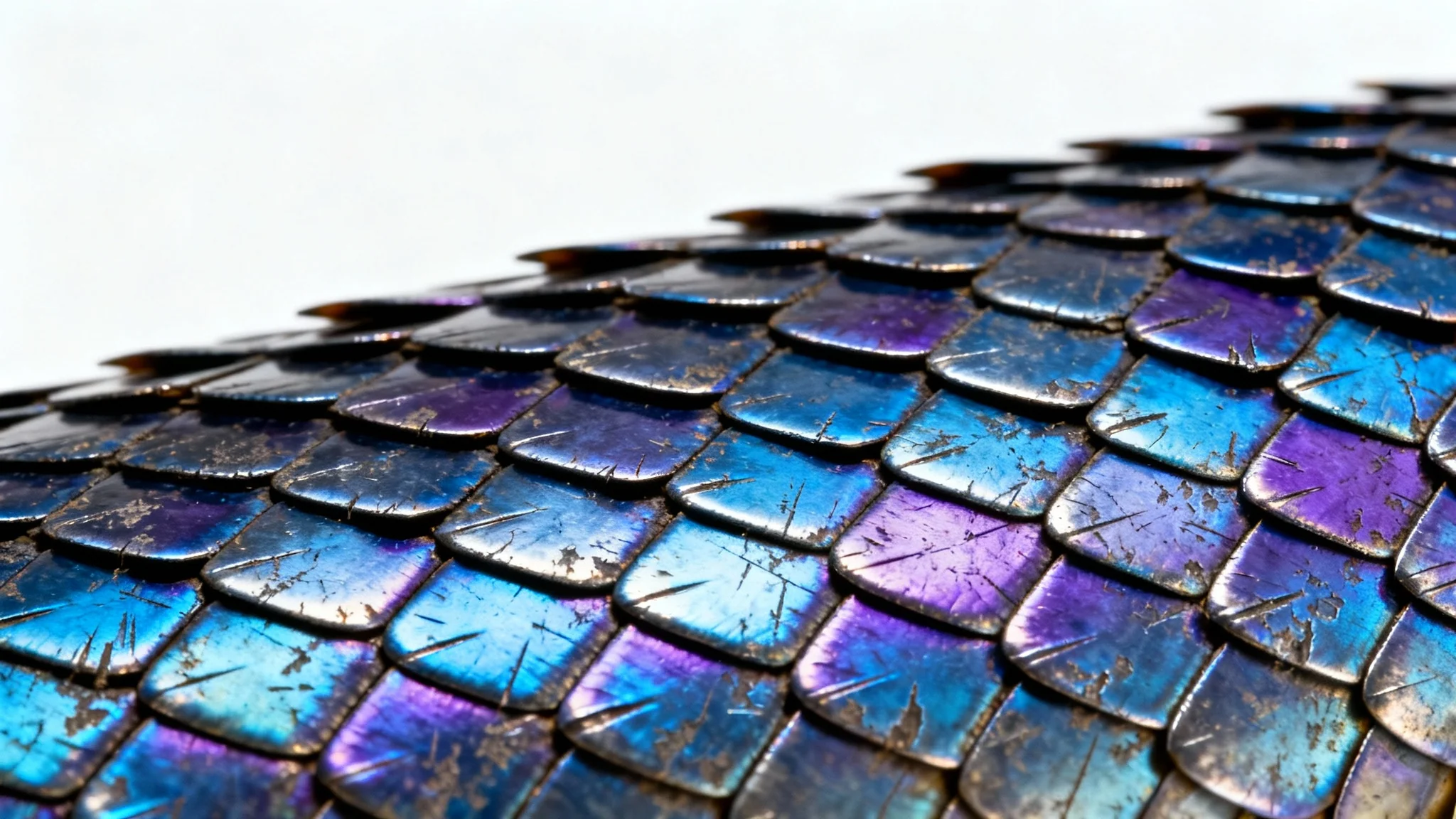 A hyper-realistic, close-up image of a fantasy armor texture resembling iridescent dragon scales in shades of blue and purple, set against a plain white background.