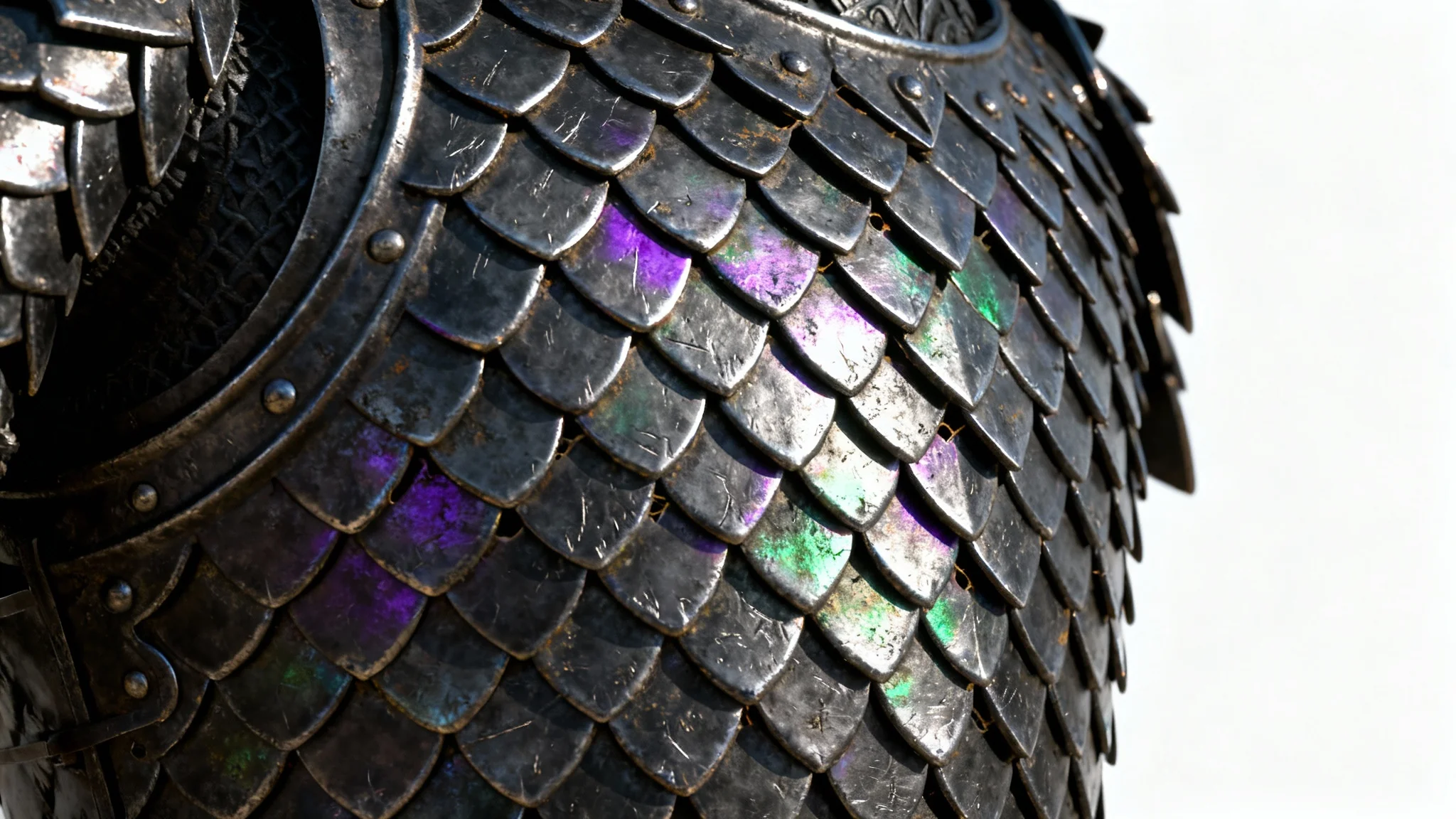 A hyper-realistic, detailed close-up of a metallic dragon scale armor texture, showcasing intricate scratches and a shimmering, iridescent quality on a solid white background.