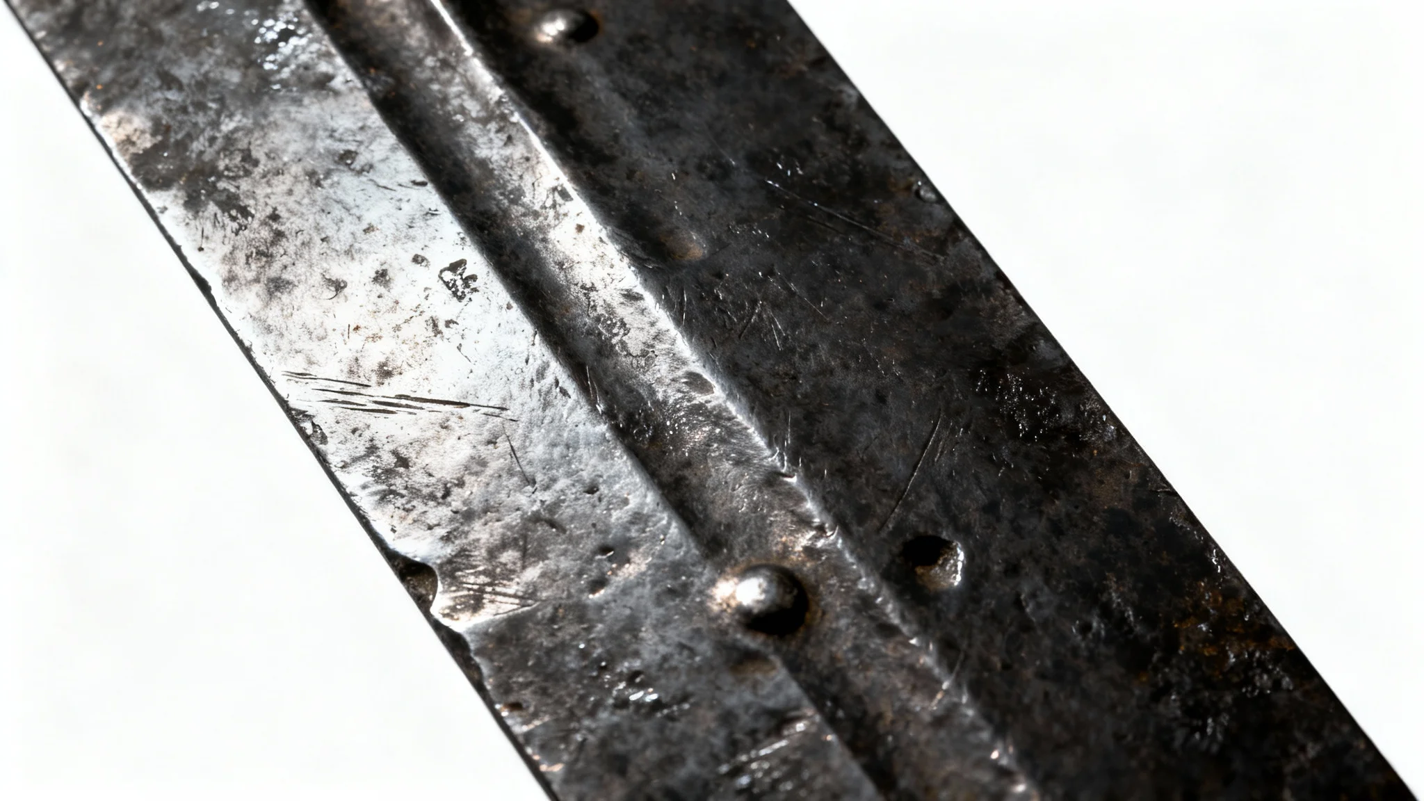 A hyperrealistic, detailed macro shot of a weathered steel armor texture, showcasing scratches and dents under dramatic lighting, isolated on a plain white background.