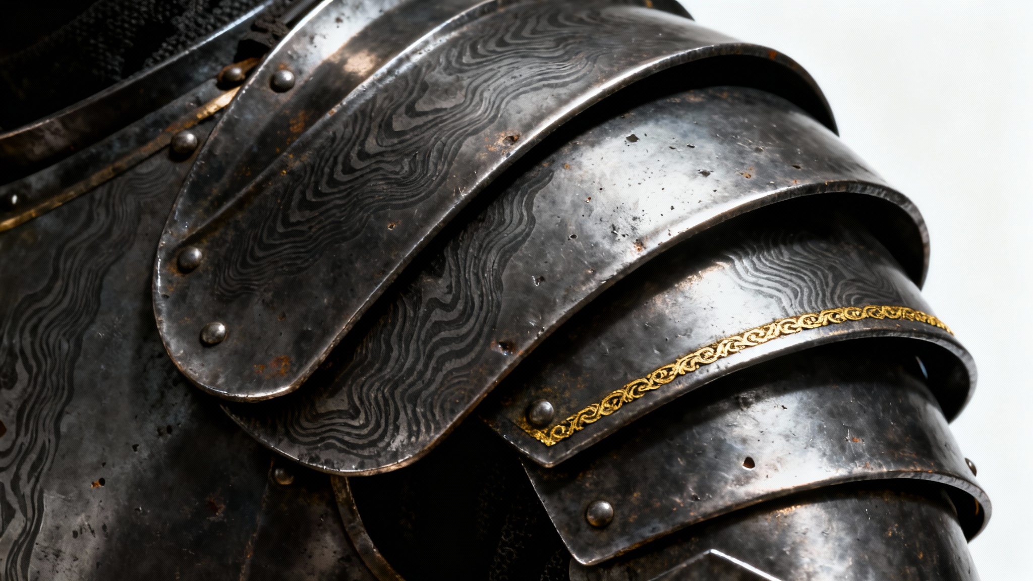 A hyper-realistic, macro close-up of a dark Damascus steel armor texture, showing intricate swirling patterns, scratches, and a single gold inlay, isolated on a white background.