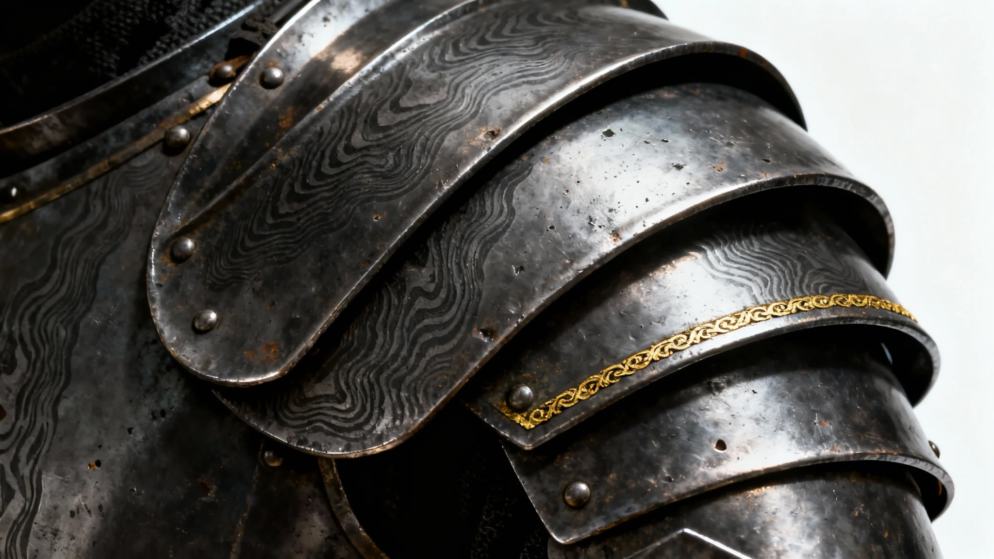 A hyper-realistic, macro close-up of a dark Damascus steel armor texture, showing intricate swirling patterns, scratches, and a single gold inlay, isolated on a white background.
