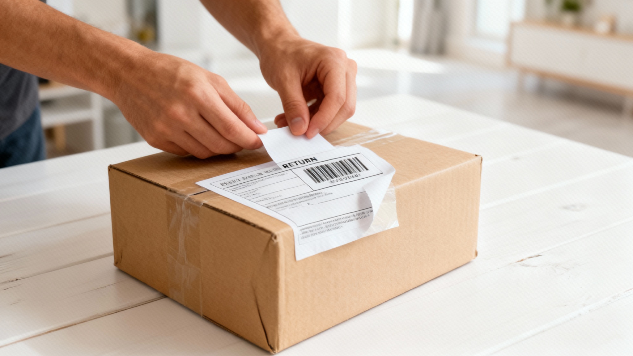 A person applying a printed return shipping label to a cardboard box on a clean white table, representing the final step in an easy return process.