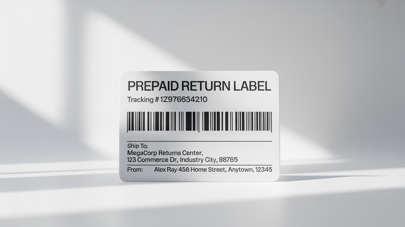 A photorealistic mockup of a prepaid return shipping label on a white background, featuring fictional addresses, a barcode, and a tracking number.