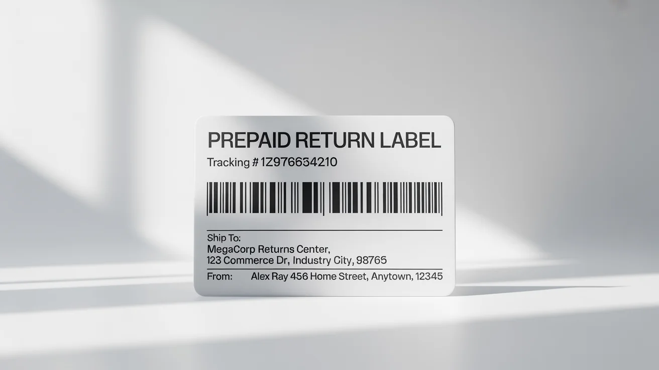 A photorealistic mockup of a prepaid return shipping label on a white background, featuring fictional addresses, a barcode, and a tracking number.