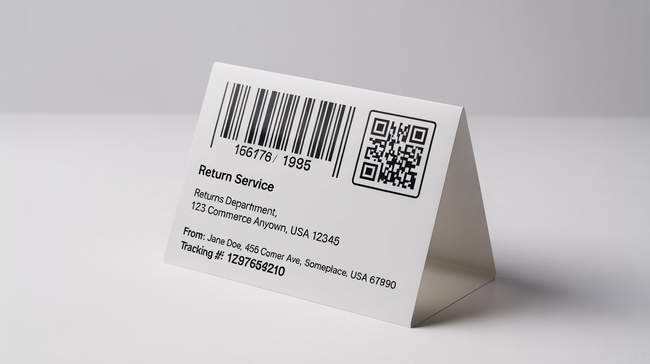 A professional mockup of a return shipping label, featuring a barcode, QR code, and fictional shipping addresses on a clean white background.