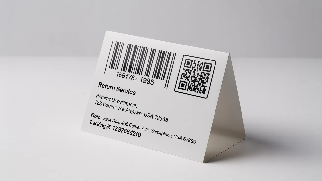 A professional mockup of a return shipping label, featuring a barcode, QR code, and fictional shipping addresses on a clean white background.