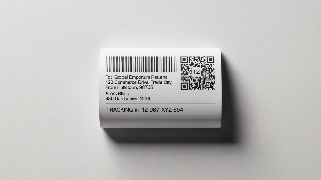 A crisp, modern shipping return label mockup on a white background, featuring a barcode, QR code, and placeholder addresses for an easy return process.