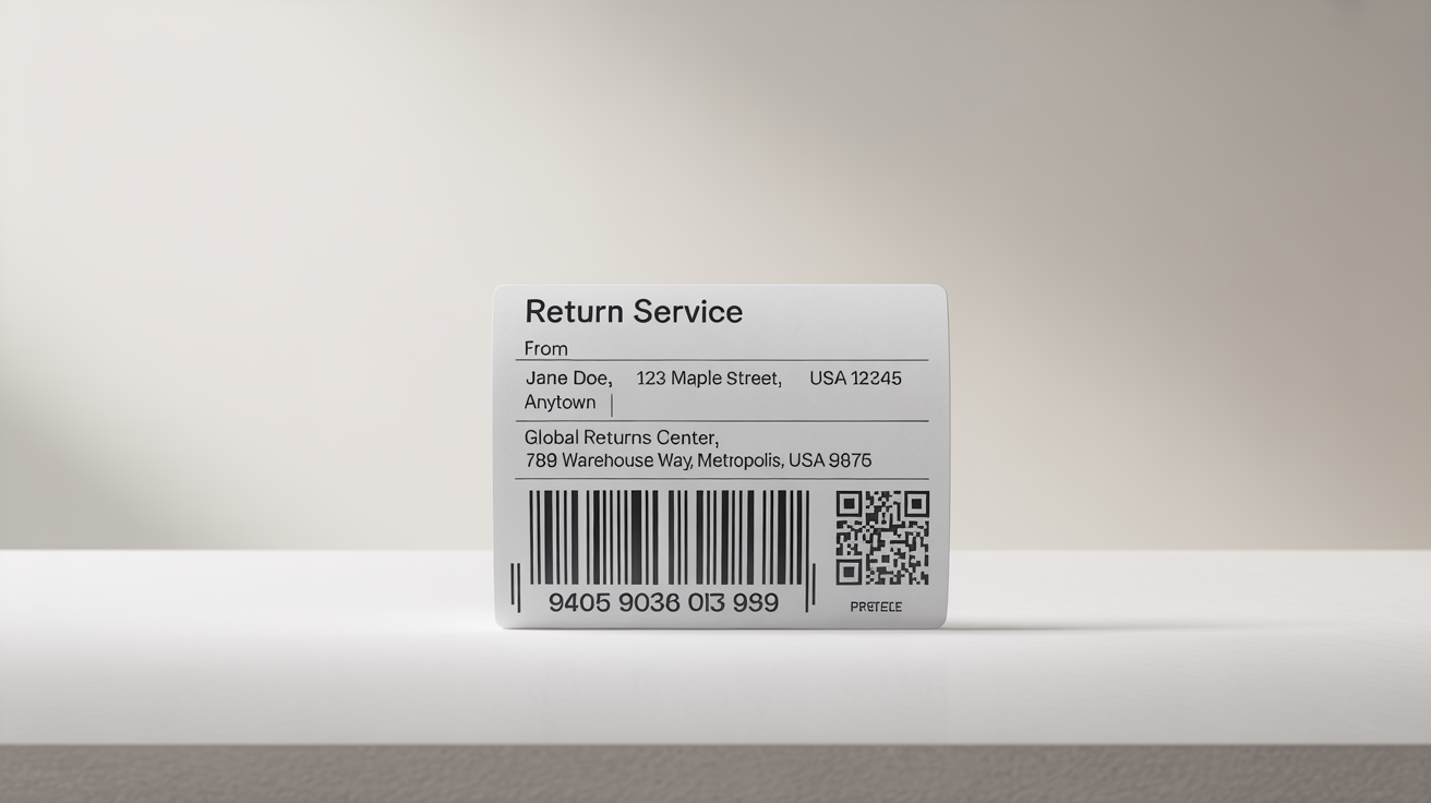 A photorealistic mockup of a shipping return label on a white background, featuring fictional addresses, a large tracking barcode with a number, and a QR code.