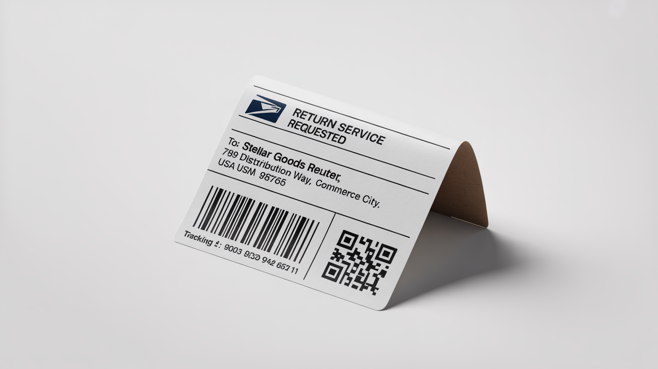 A photorealistic mockup of a USPS return shipping label with a barcode and fictional address, set against a plain white background.