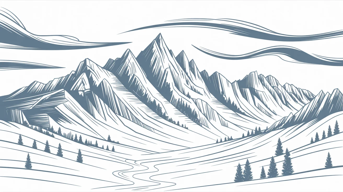 A finished design showing a professional black and white line drawing of a mountain range on a clean white background.
