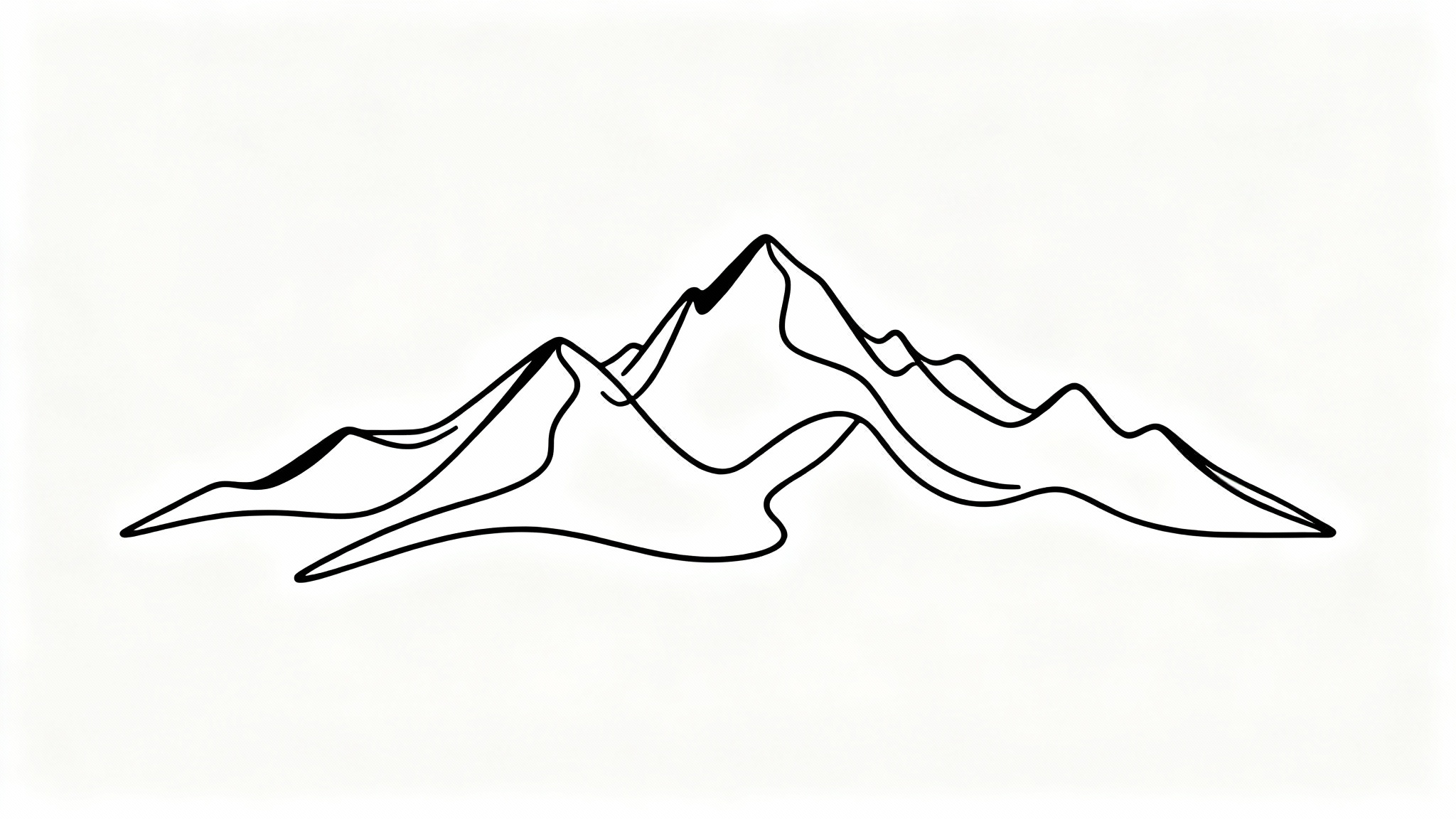 A minimalist single-line drawing of a mountain range on a crisp white background.