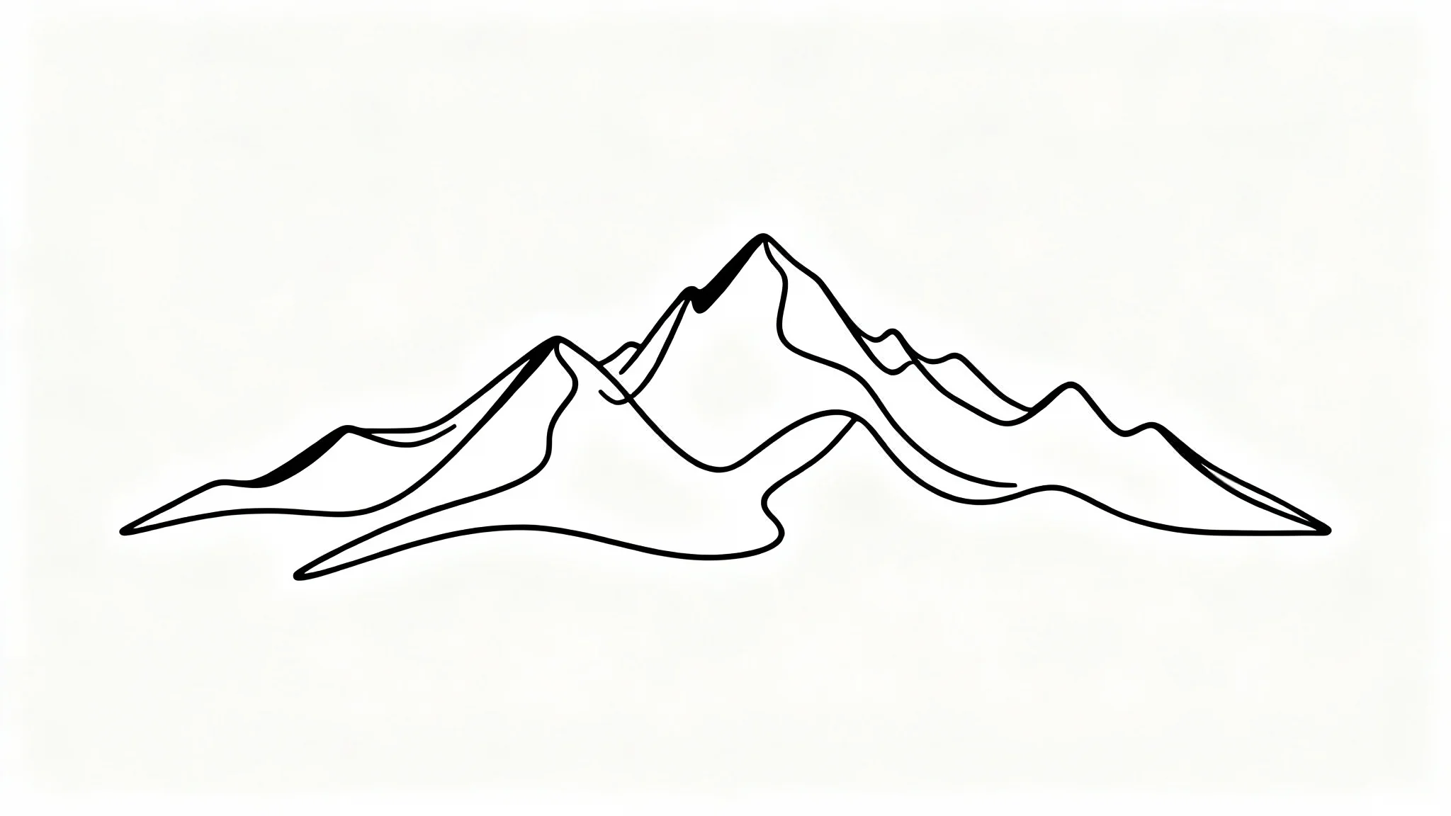 A minimalist single-line drawing of a mountain range on a crisp white background.