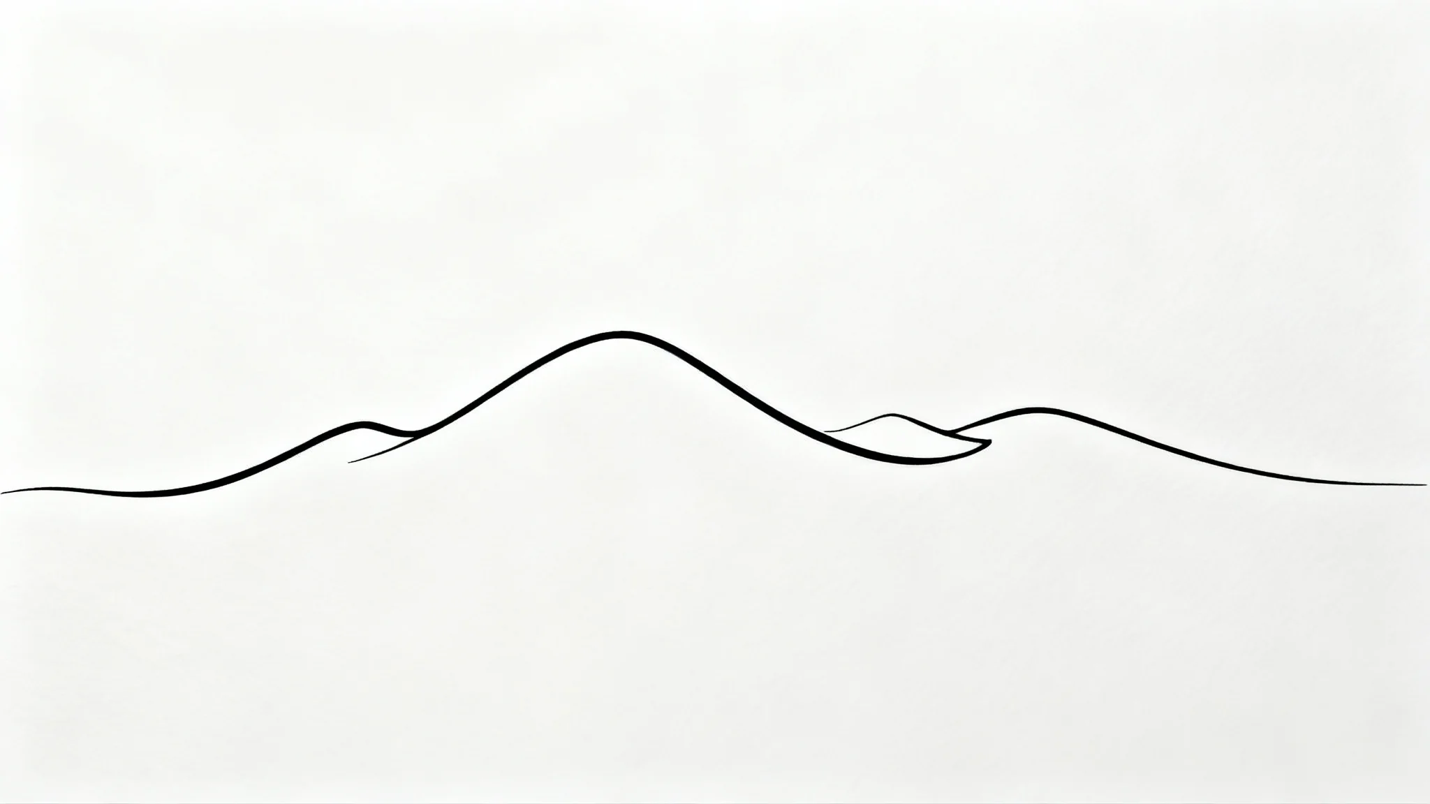 A minimalist black and white continuous line drawing of a mountain range, presented on a stark white background.