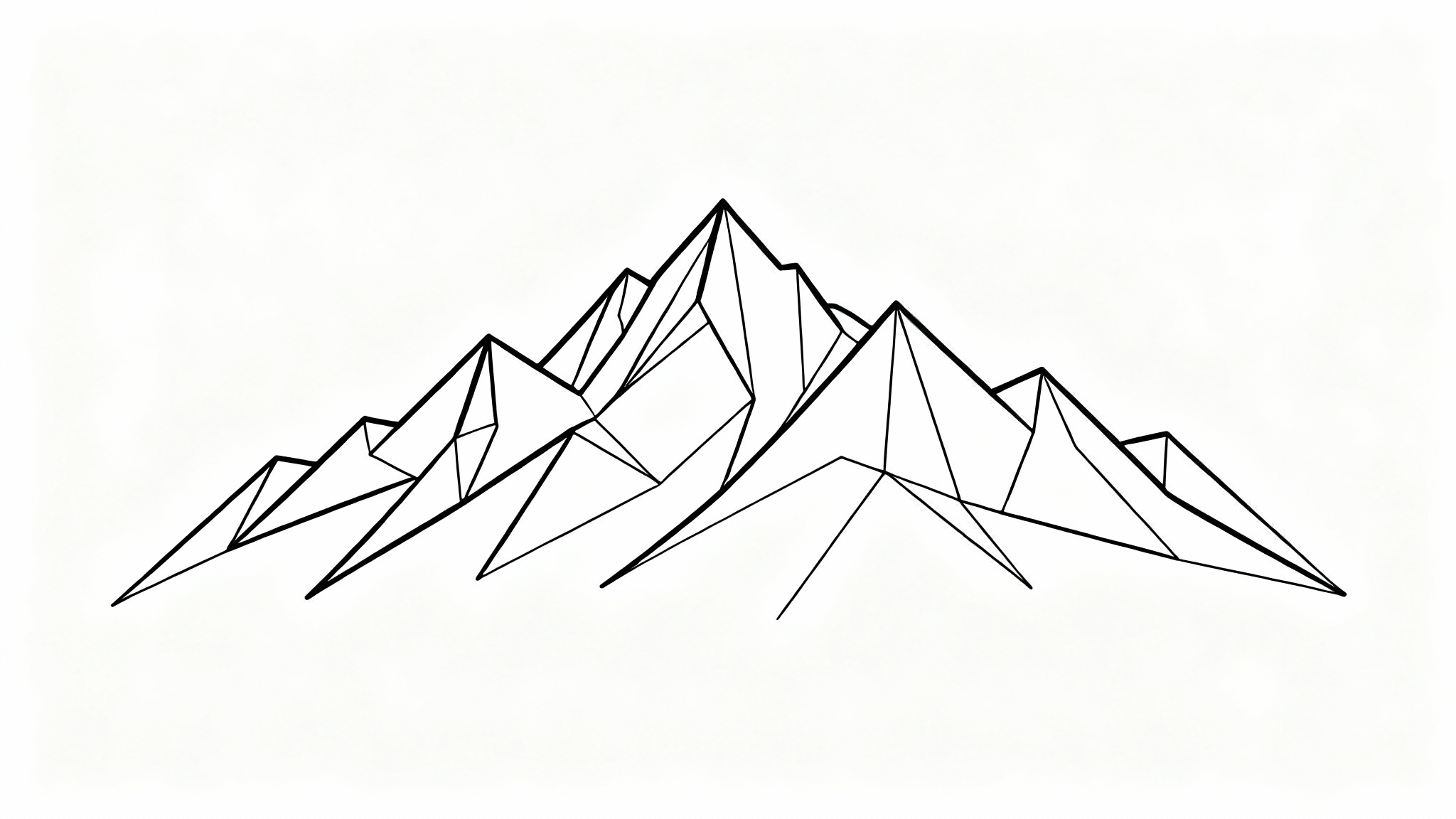 A minimalist black line art drawing of a mountain range, rendered in a single continuous line on a plain white background.