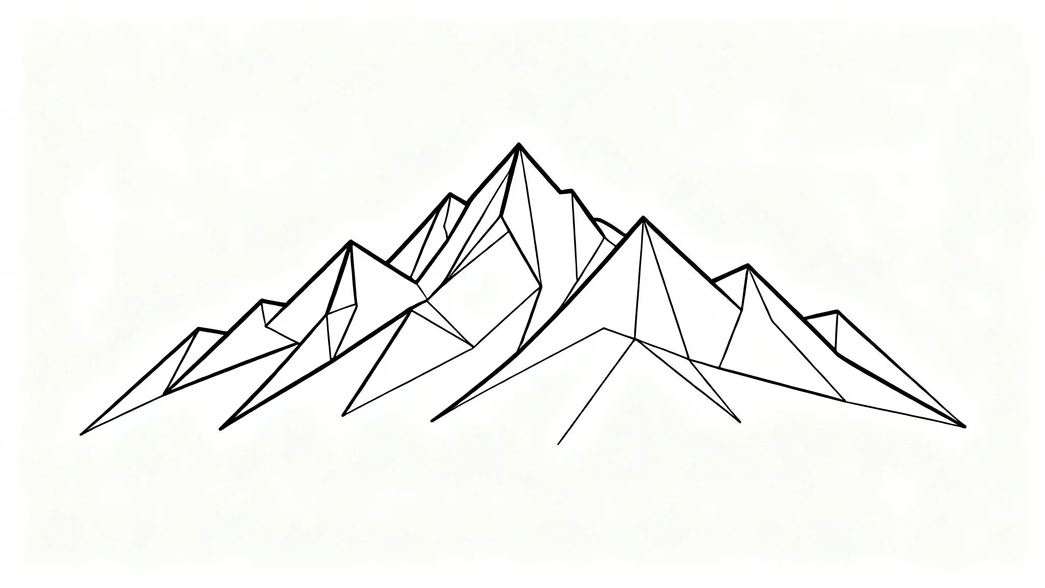 A minimalist black line art drawing of a mountain range, rendered in a single continuous line on a plain white background.