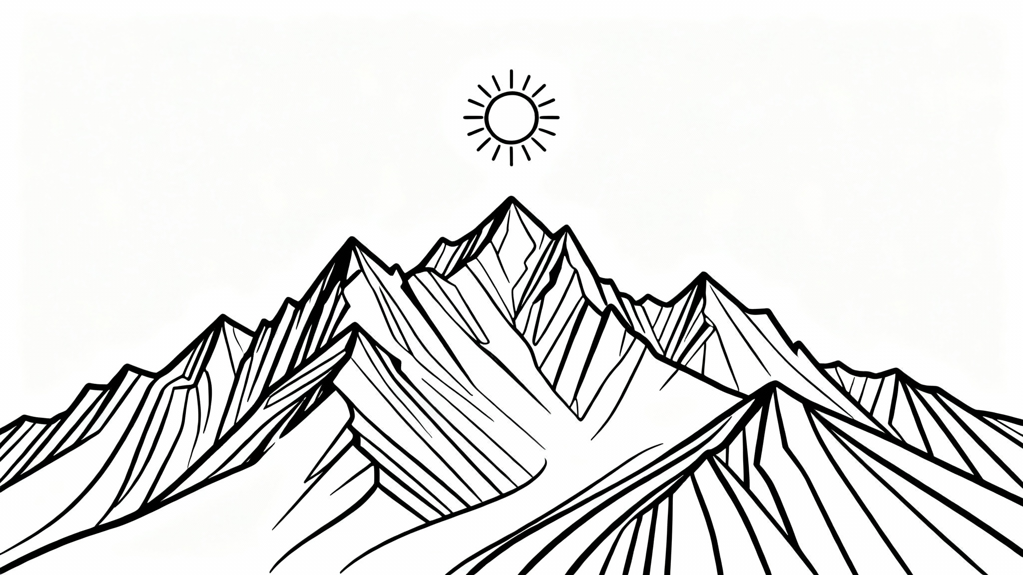 A minimalist black and white line drawing of a jagged mountain range with a simple sun above the peaks, presented on a clean white background.