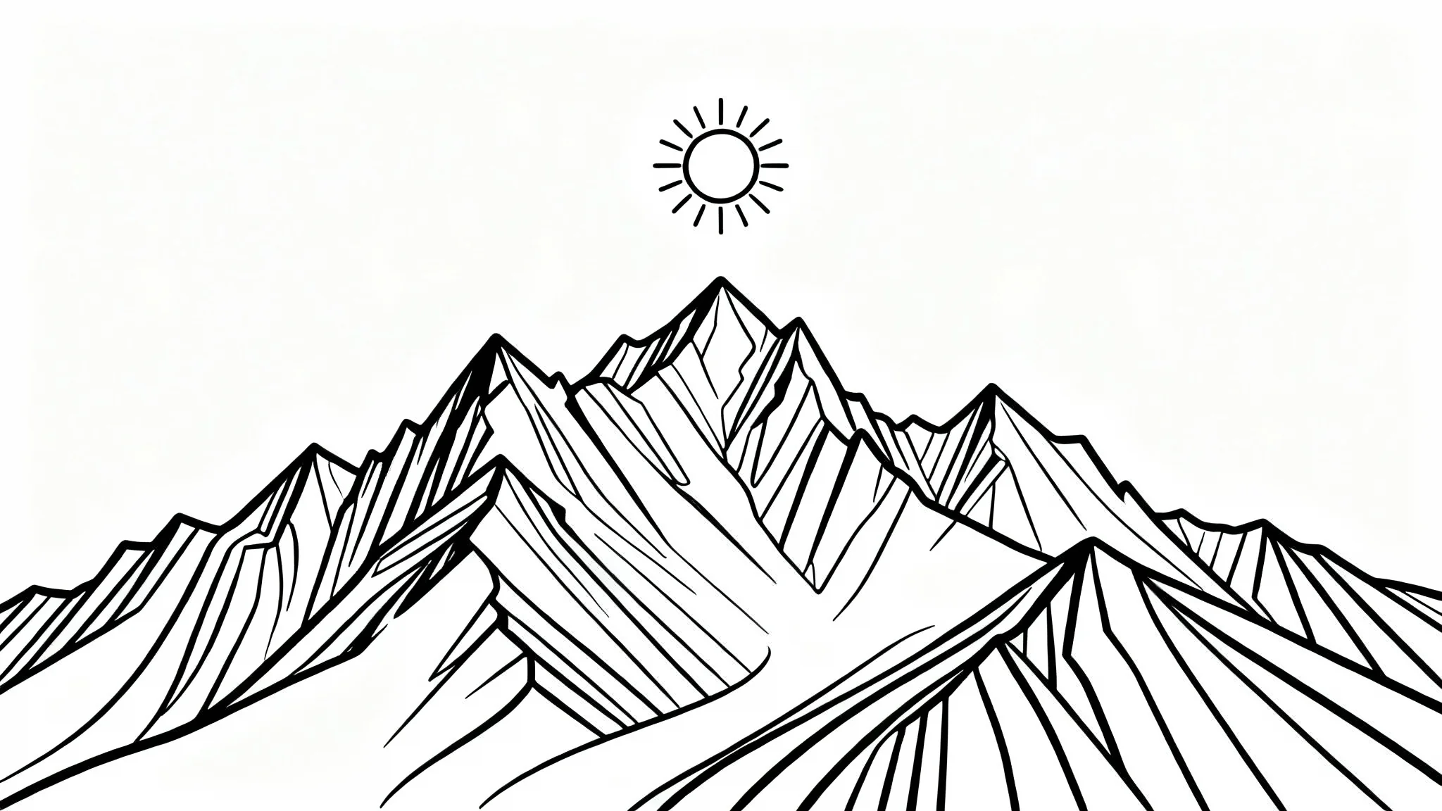 A minimalist black and white line drawing of a jagged mountain range with a simple sun above the peaks, presented on a clean white background.
