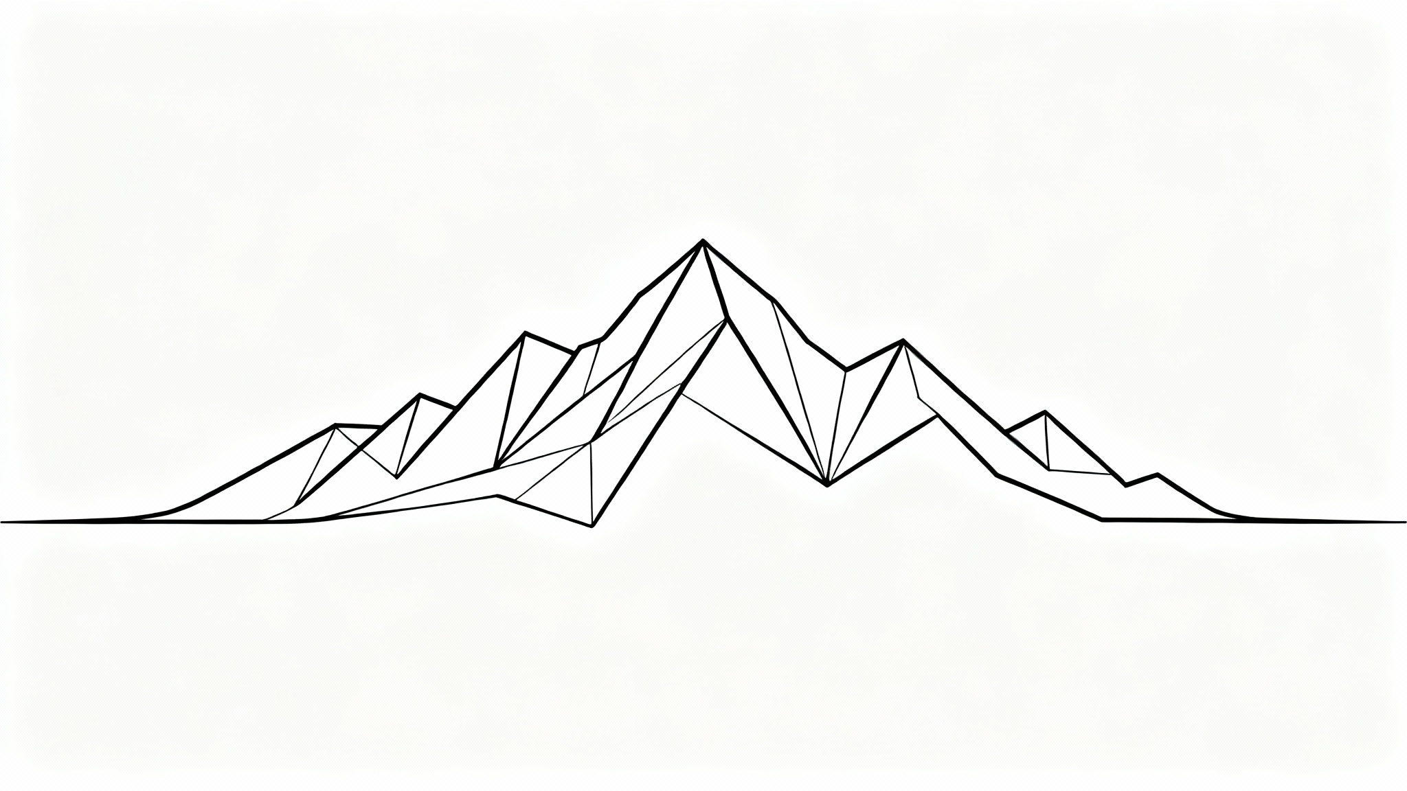 A minimalist, single-line drawing of a mountain range, rendered in black on a stark white background.