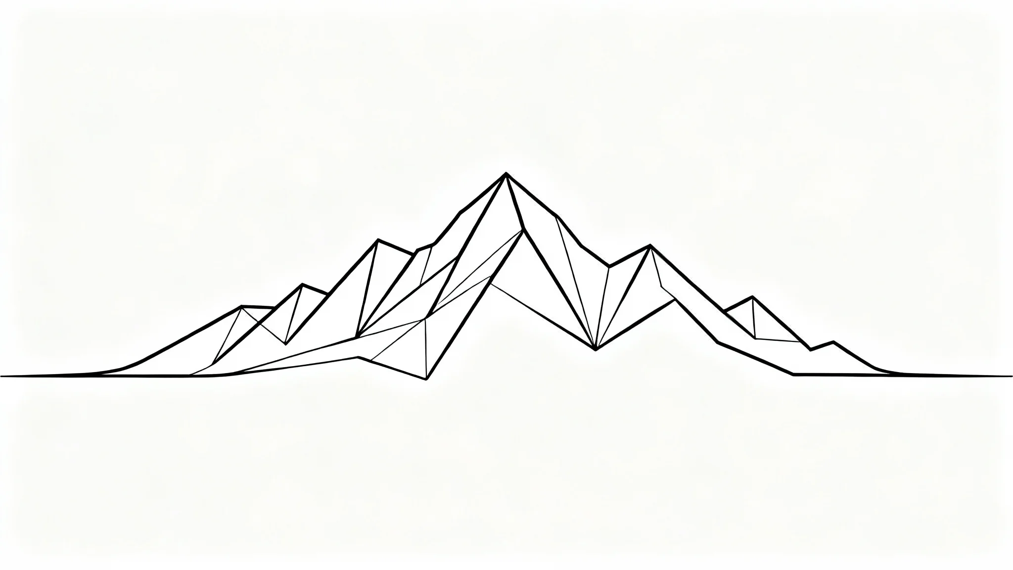 A minimalist, single-line drawing of a mountain range, rendered in black on a stark white background.