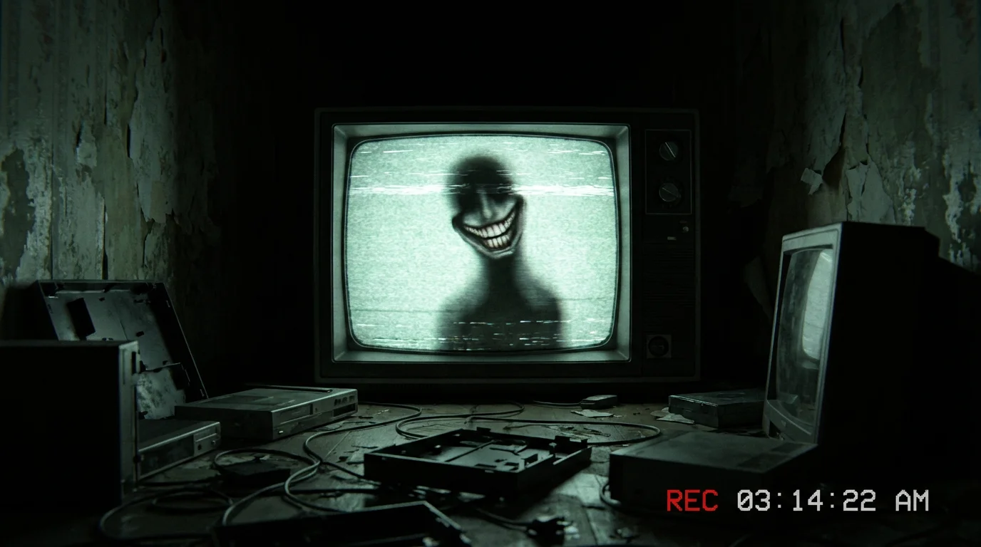 A terrifying analog horror image representing the final output of a design tool. A shadowy figure with a distorted smile is pressed against the inside of an old television screen, with heavy VHS static effects and a red recording timestamp.