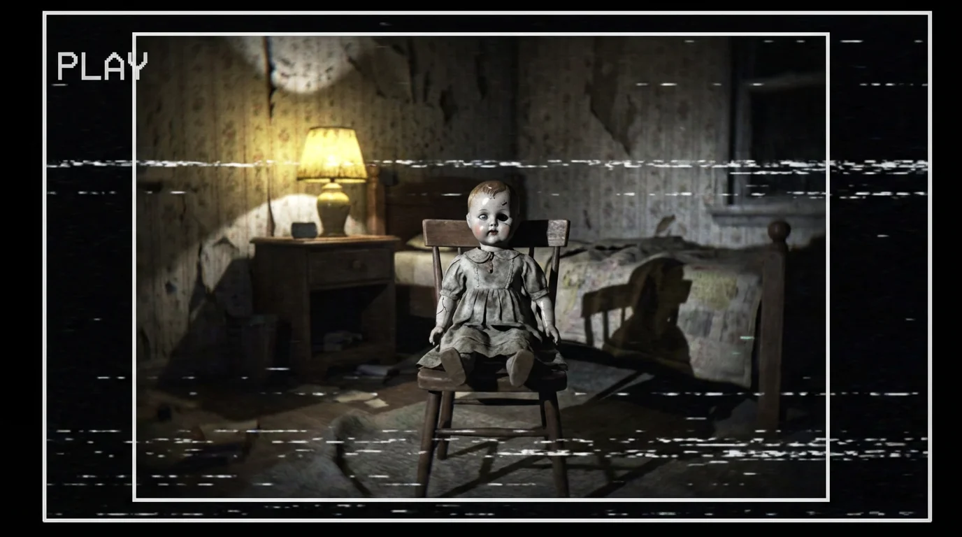 An unsettling analog horror style image of a cracked porcelain doll sitting on a chair in a dark, grainy, VHS-distorted bedroom from the 1980s.