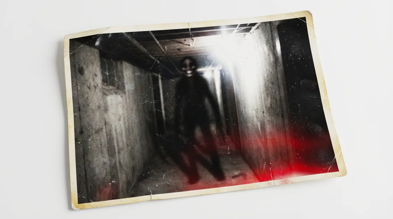 An analog horror image depicted as an old, glossy photograph on a white background, showing a grainy flash photo of a creepy, smiling figure at the end of a dark basement corridor.