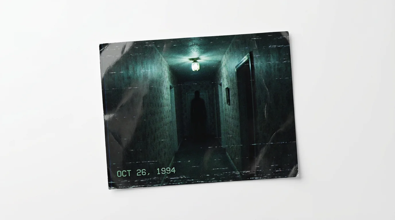 An analog horror style image mockup on a white background. The image, styled like a grainy VHS recording, shows a dark hallway with a tall, shadowy figure standing at the very end, creating an unsettling and scary atmosphere.