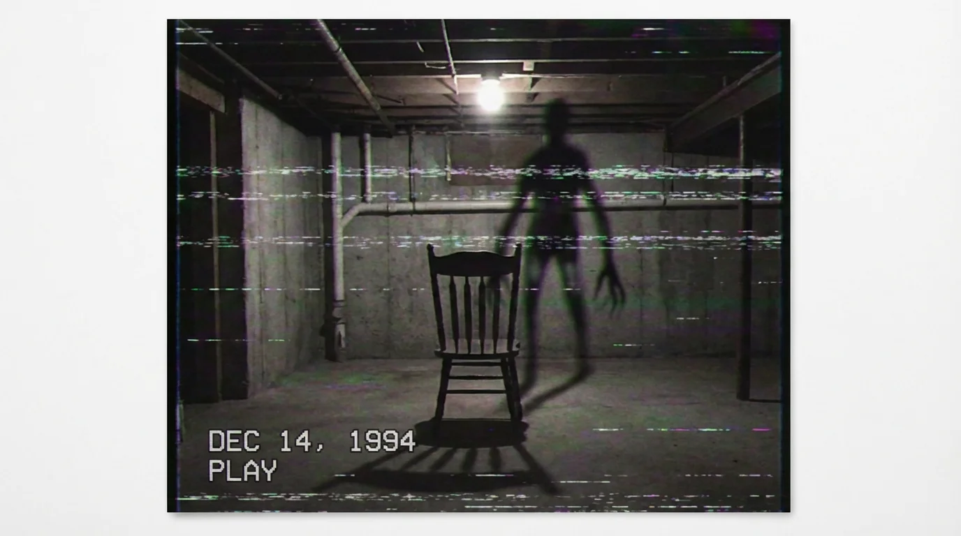 An unsettling analog horror style image showing a shadowy, distorted figure standing behind an empty chair in a dark basement, with heavy VHS static and distortion effects.