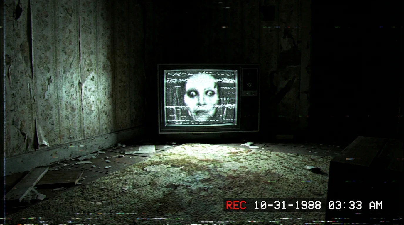An analog horror style image of a dark room with an old television displaying a distorted, ghostly face amidst heavy VHS static. A red timestamp in the corner reads 'REC 10-31-1988 03:33 AM'.