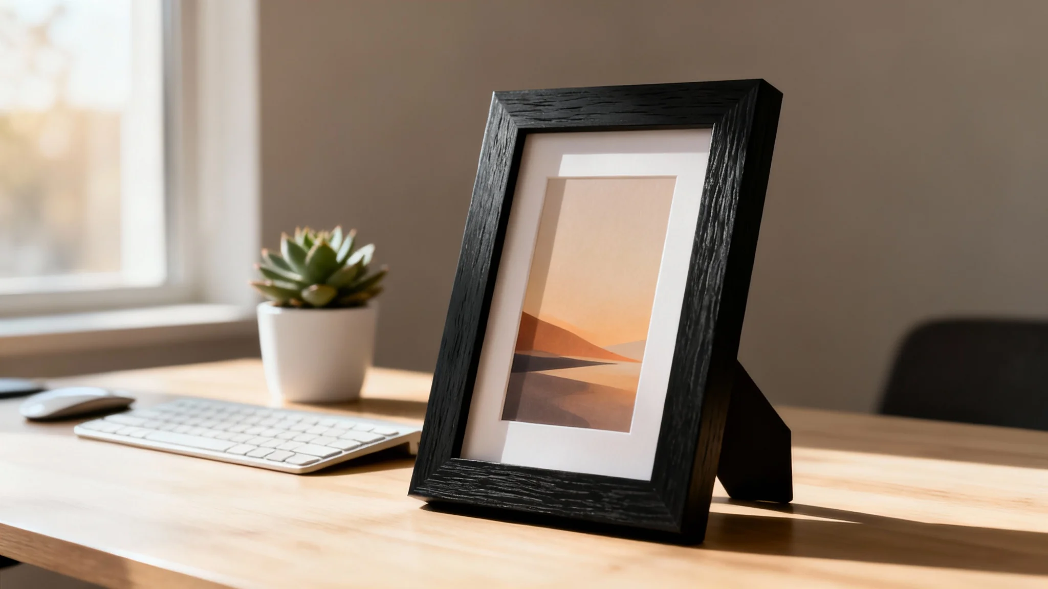A professional mockup of a black picture frame standing on a light wood desk, containing an abstract art print. The scene is styled with a small plant and keyboard.