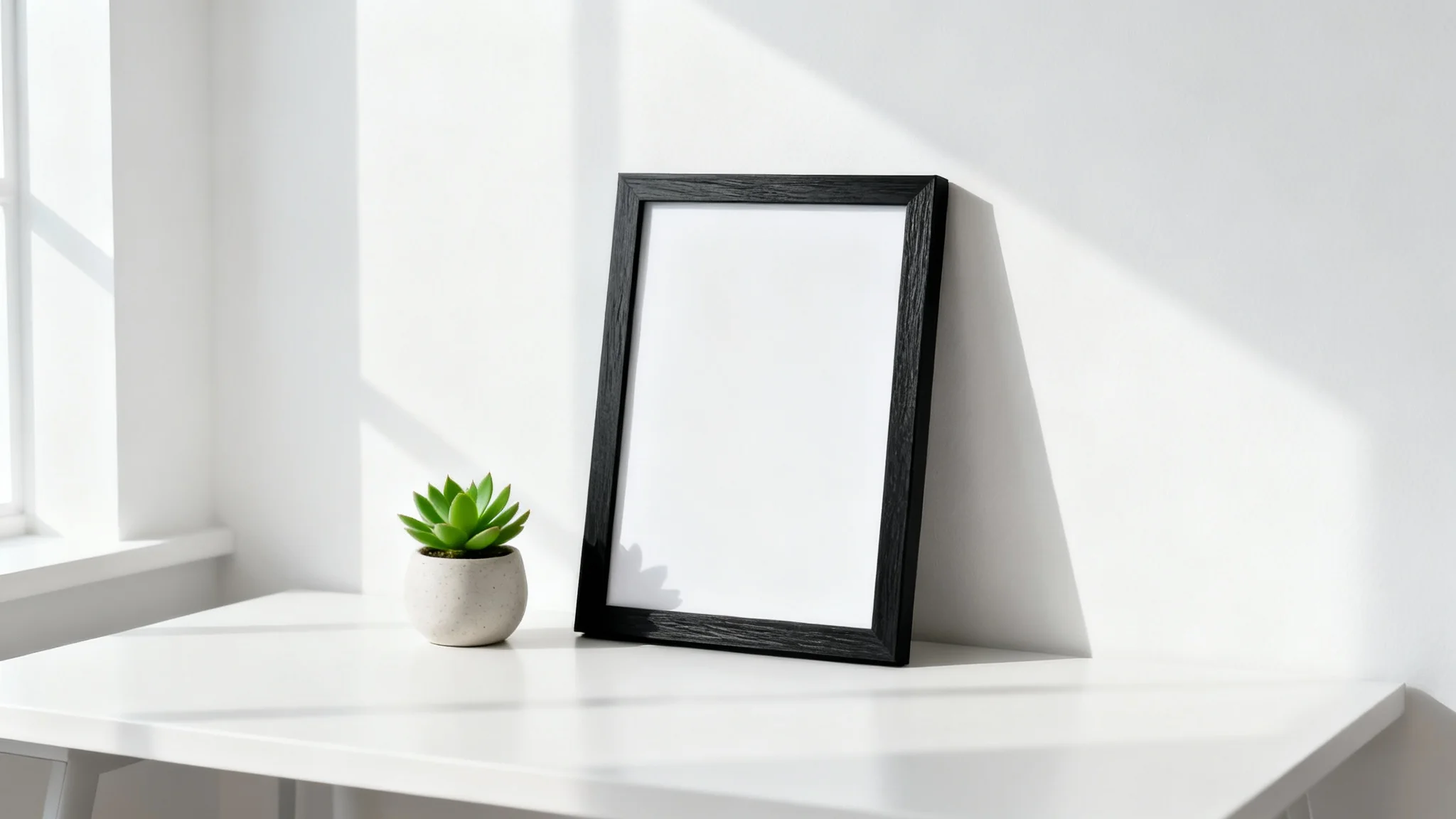 A photorealistic mockup of an empty black picture frame standing on a white desk next to a small succulent, set against a clean white background.