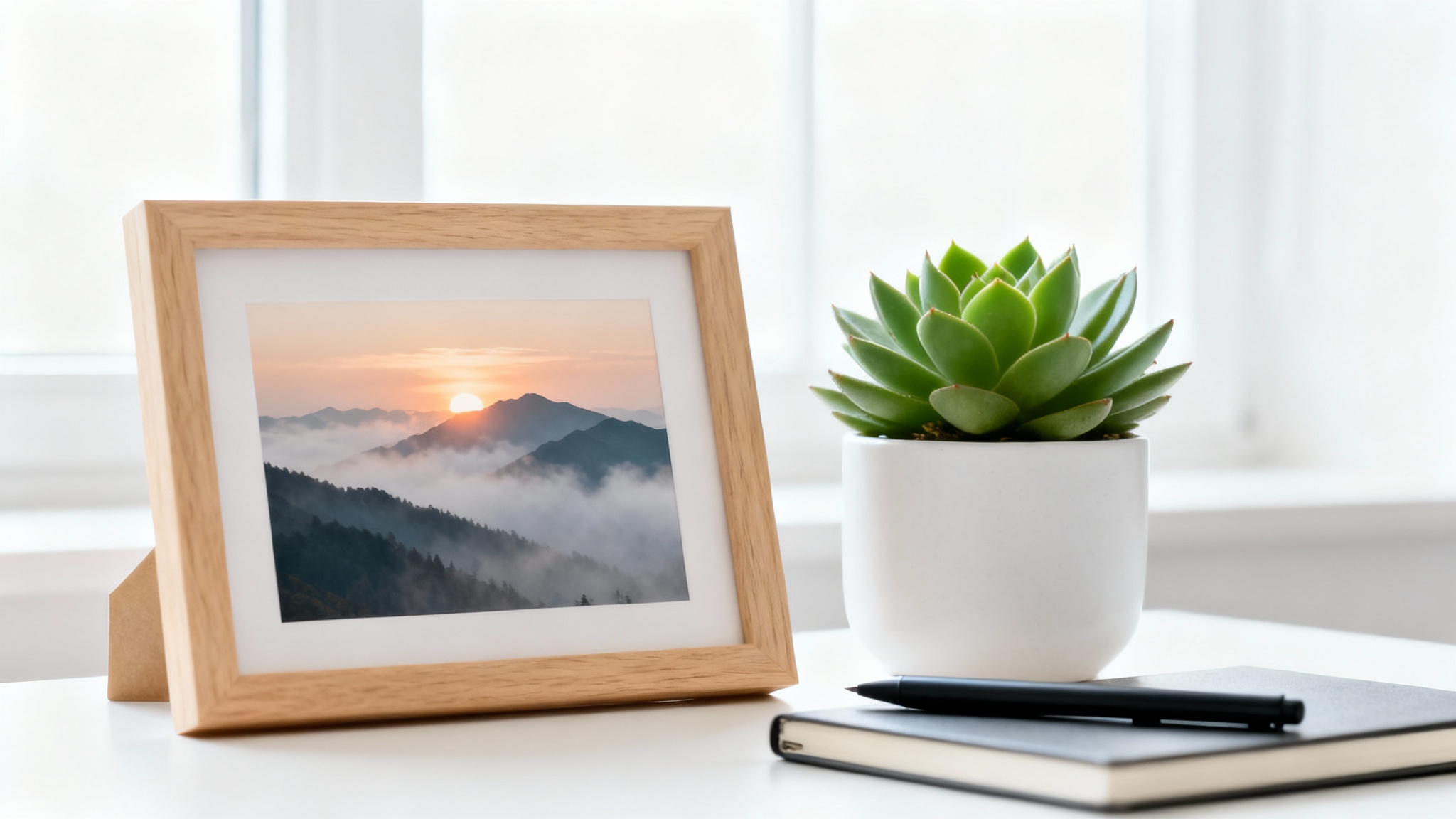 A light wood picture frame displaying a mountain landscape photo, placed on a modern white desk next to a small succulent and a notebook.