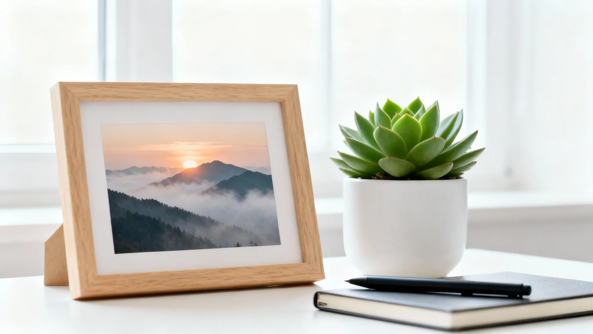 A light wood picture frame displaying a mountain landscape photo, placed on a modern white desk next to a small succulent and a notebook.