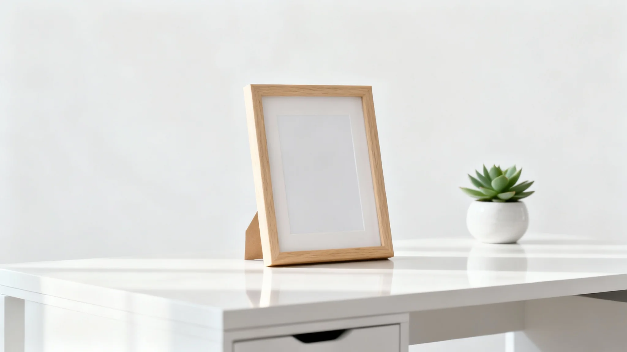 A photorealistic mockup of a light wood picture frame standing vertically on a white desk, with a small green plant in the background, all against a solid white background.