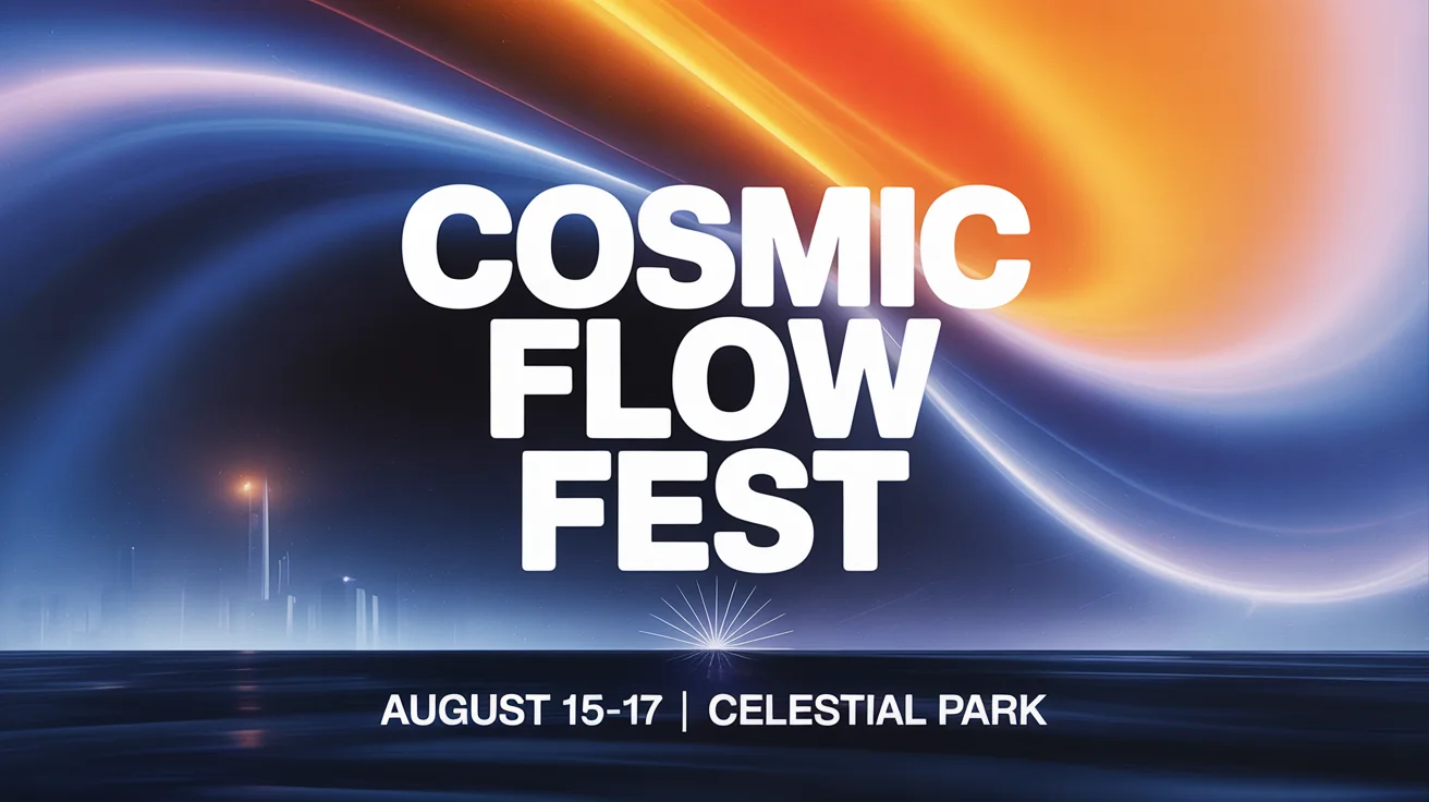 A professionally designed music festival poster with the title 'COSMIC FLOW FEST' in bold white text. The background is a vibrant abstract swirl of blue, orange, and purple colors, creating a sense of cosmic energy.