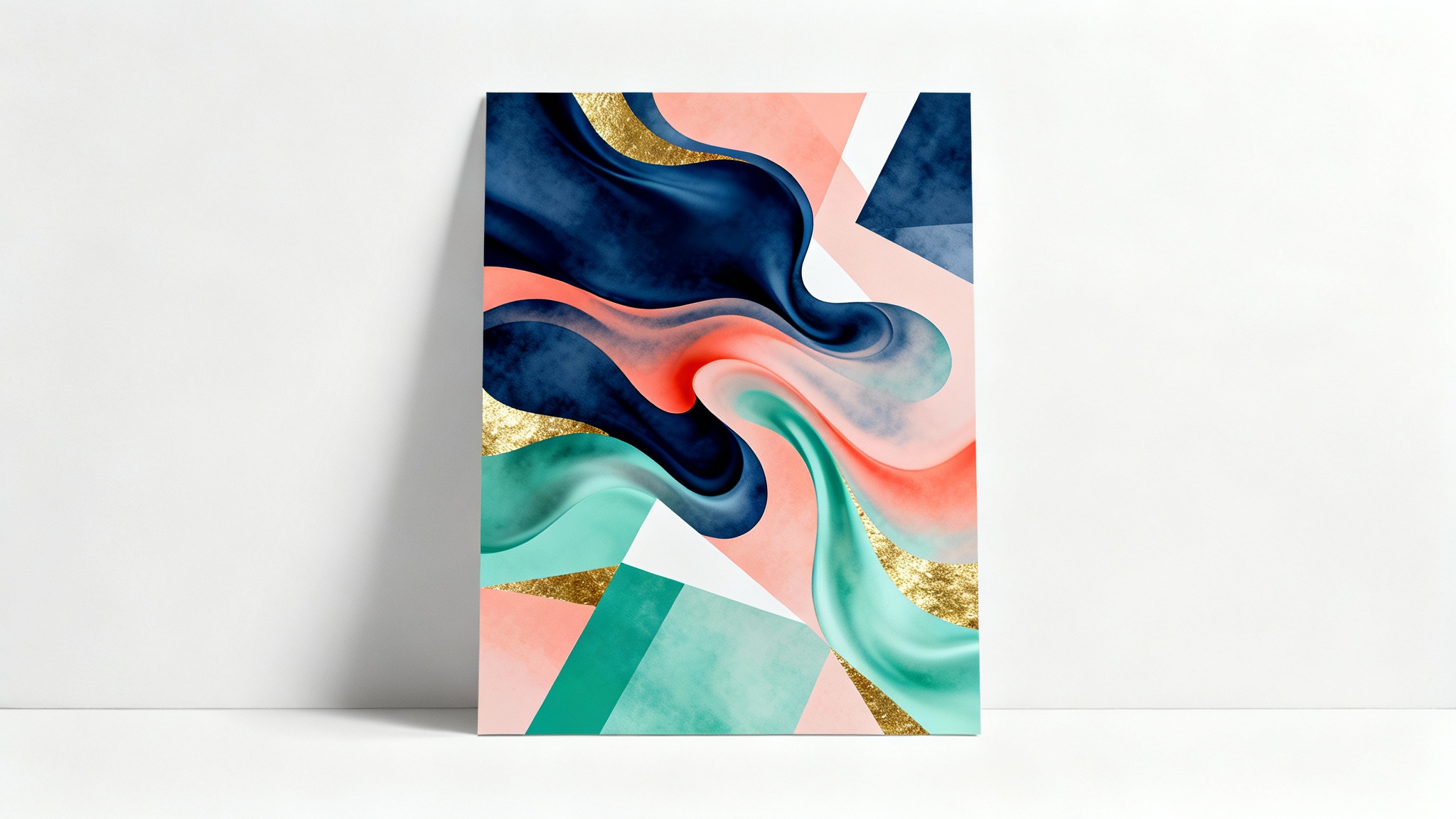 An abstract poster background mockup featuring a blend of organic and geometric shapes in navy, coral, and mint green, with gold foil accents, against a plain white background.