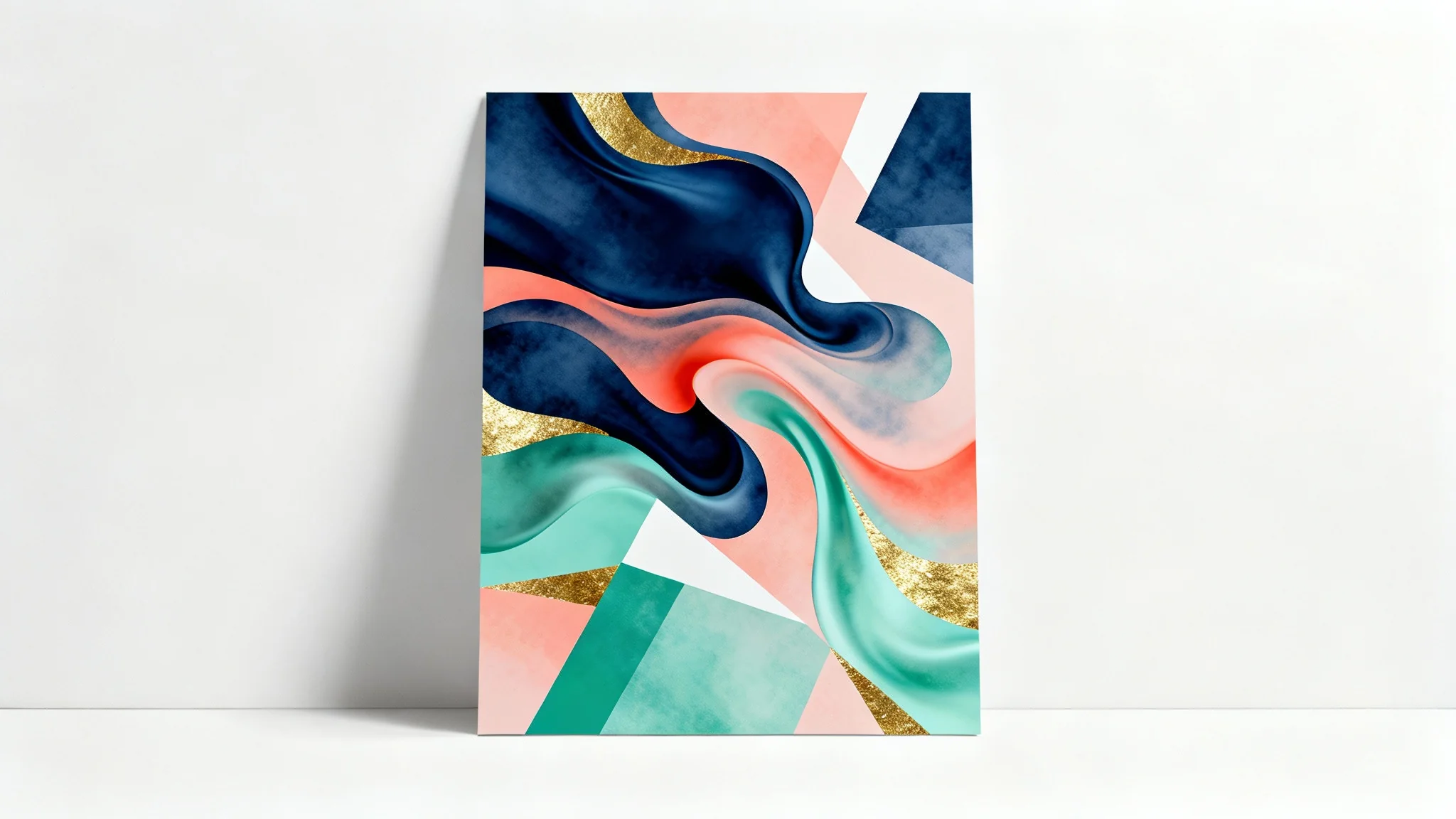 An abstract poster background mockup featuring a blend of organic and geometric shapes in navy, coral, and mint green, with gold foil accents, against a plain white background.