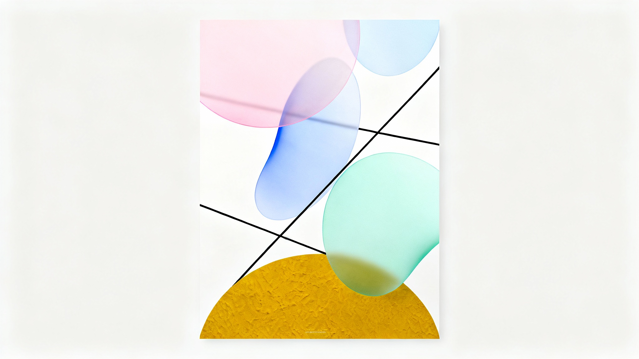 A modern abstract poster background featuring a composition of pastel-colored circles, sharp black lines, and a bold ochre semi-circle against a clean white background.