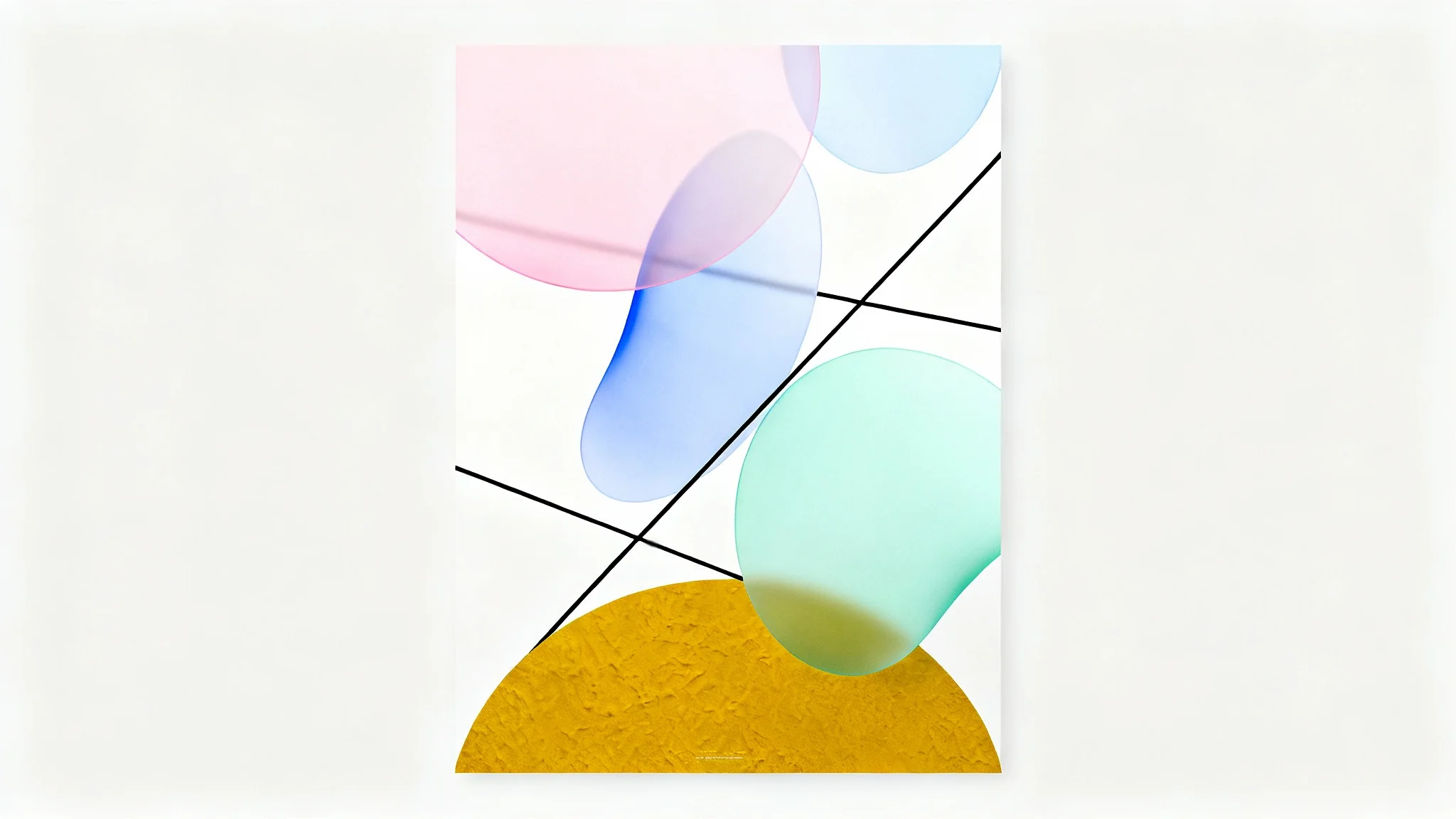A modern abstract poster background featuring a composition of pastel-colored circles, sharp black lines, and a bold ochre semi-circle against a clean white background.