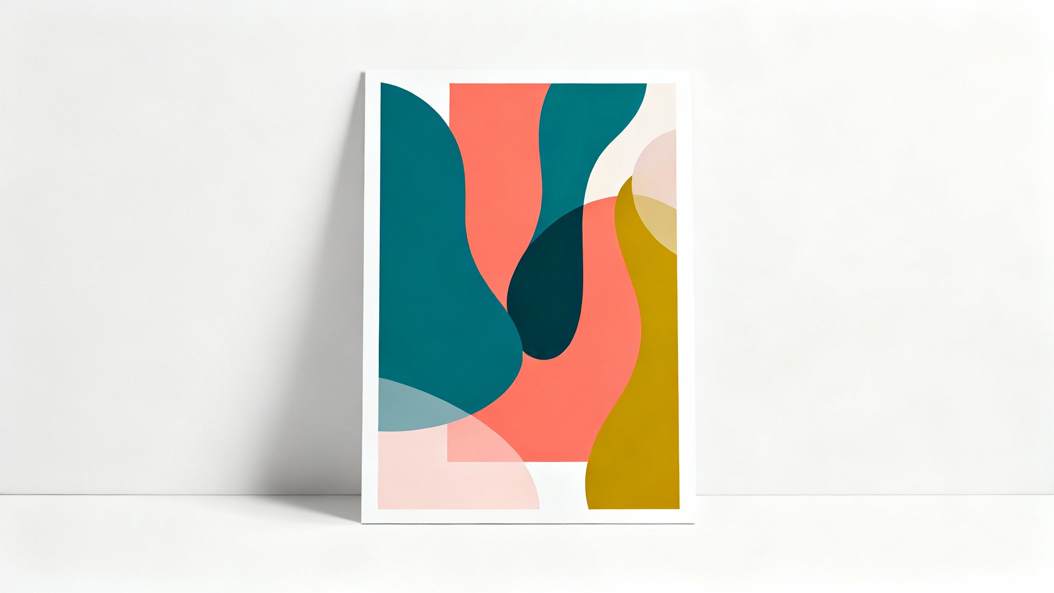 A modern abstract poster background featuring a dynamic composition of overlapping geometric and organic shapes in teal, coral, and yellow, displayed against a clean white background.