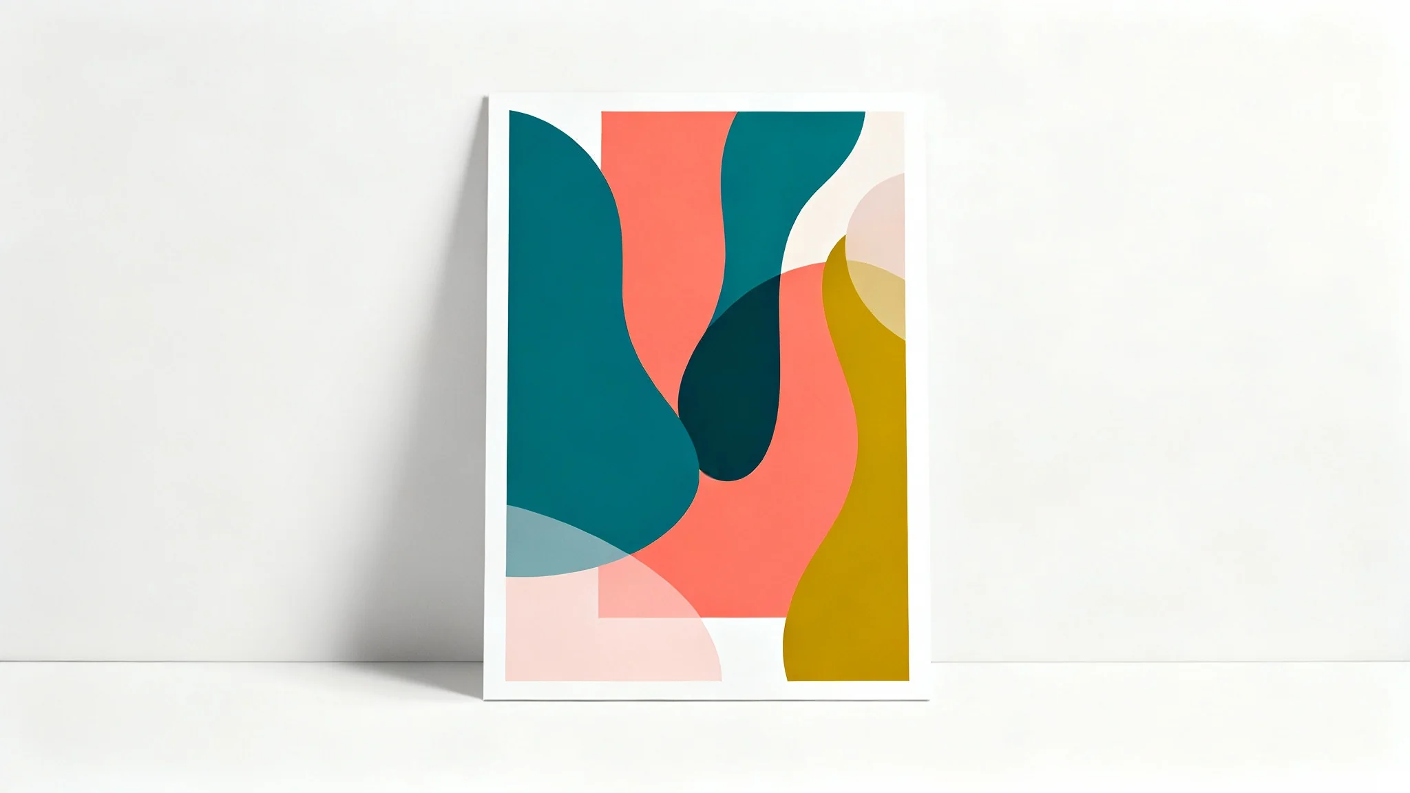 A modern abstract poster background featuring a dynamic composition of overlapping geometric and organic shapes in teal, coral, and yellow, displayed against a clean white background.