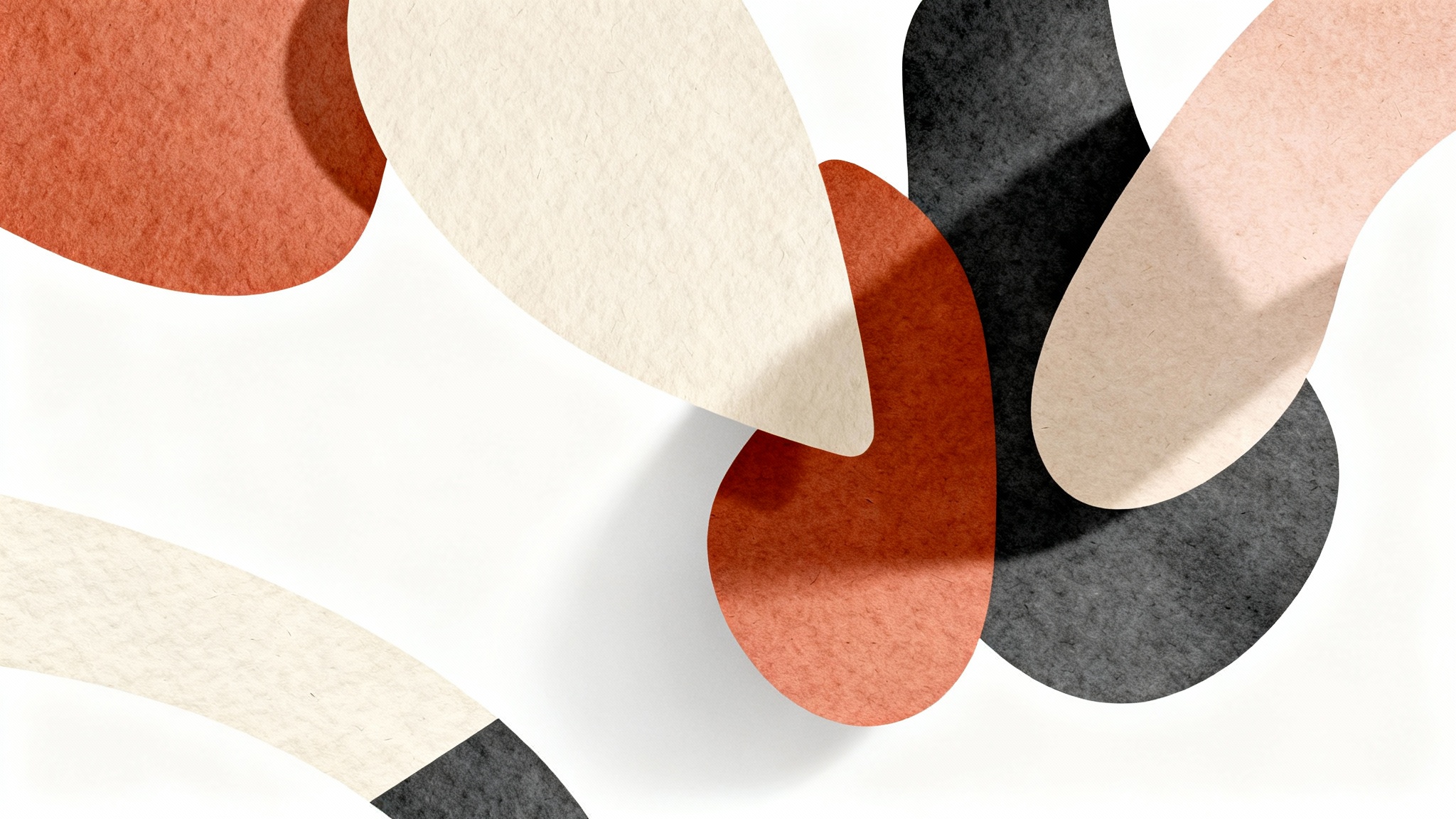 An abstract poster background mockup featuring a clean, modern design with overlapping organic shapes in terracotta, beige, and charcoal gray, displayed against a stark white background.