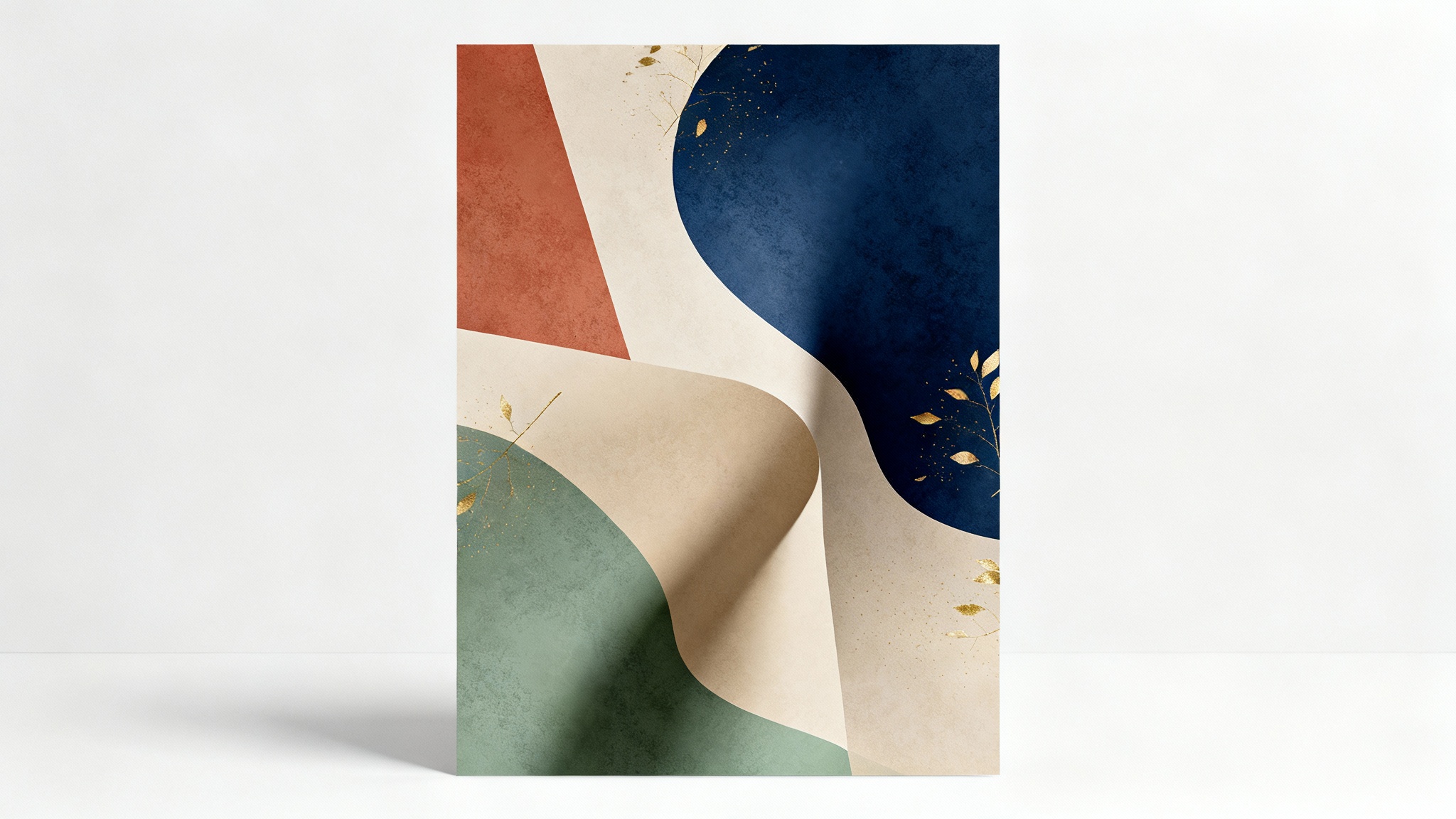 An abstract poster background with a modern design, featuring overlapping geometric shapes in terracotta and sage green with a splash of navy blue and gold accents, displayed on a clean white background.