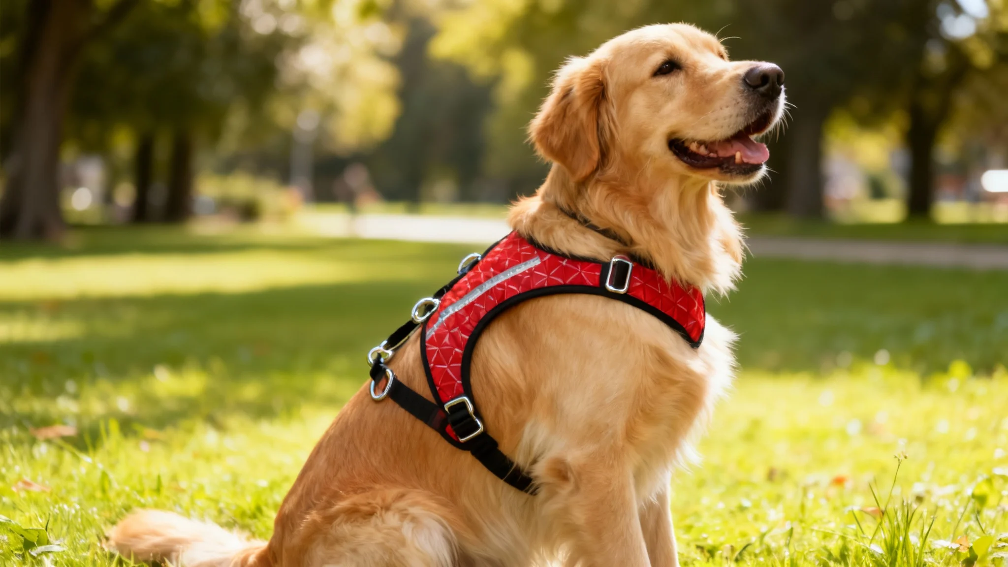 A photorealistic mockup of a happy Golden Retriever in a park, wearing a custom red harness with a geometric pattern and black trim, demonstrating a product design.