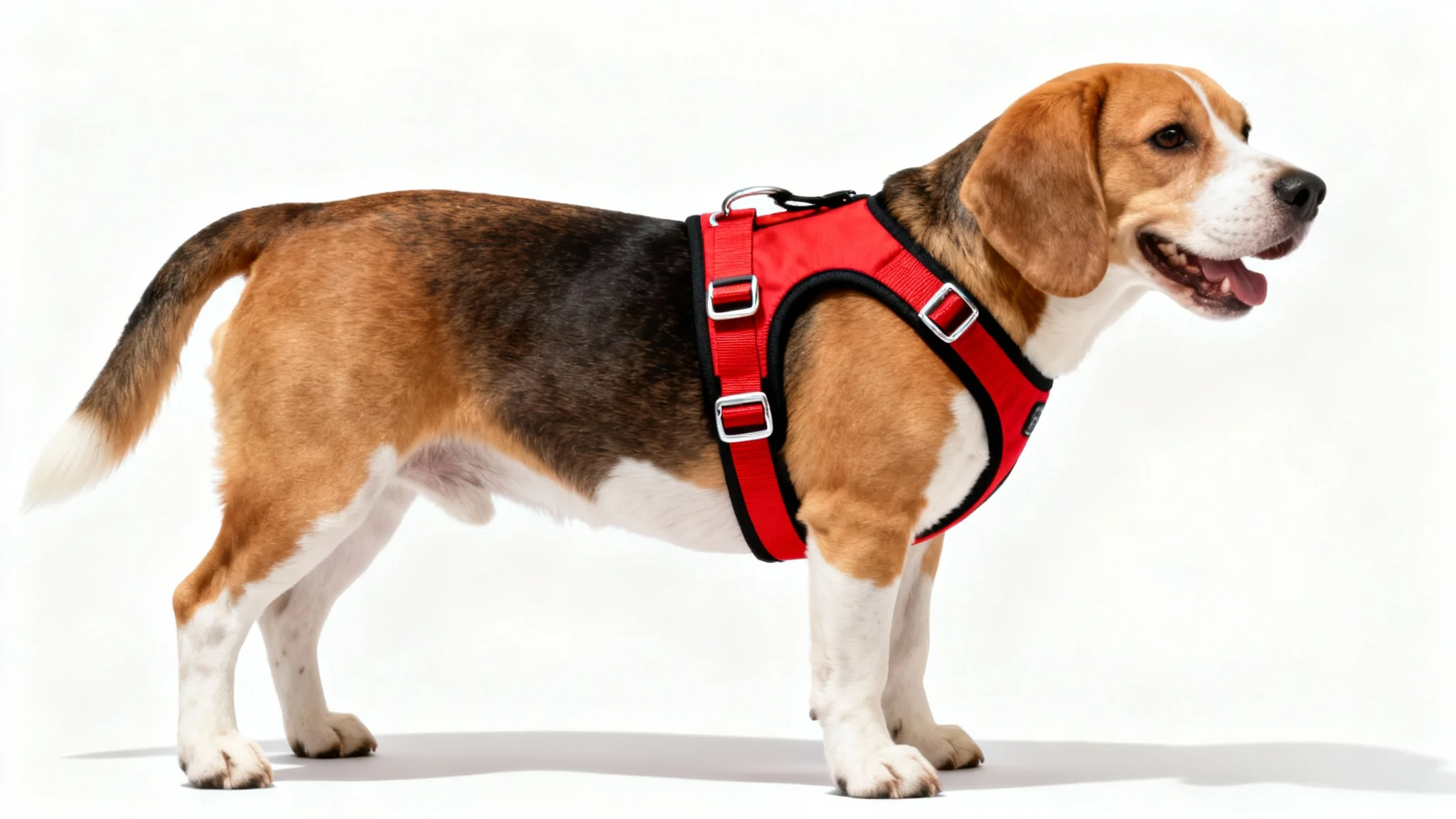 A side-view studio photograph of a happy Beagle wearing a perfectly fitted, modern red dog harness against a solid white background.