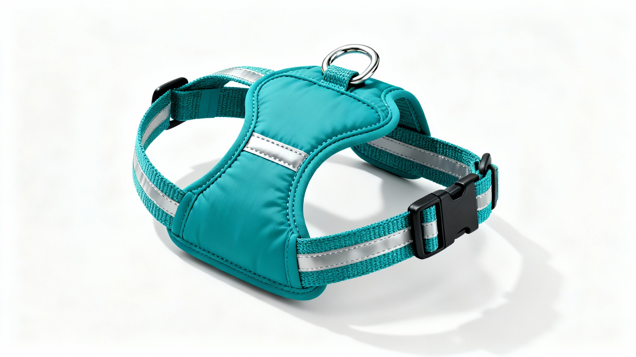 A modern teal dog harness with a padded chest and reflective strips, presented as a professional product mockup on a clean white background.