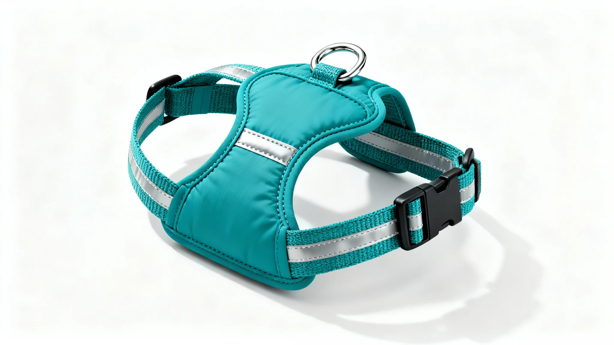 A modern teal dog harness with a padded chest and reflective strips, presented as a professional product mockup on a clean white background.